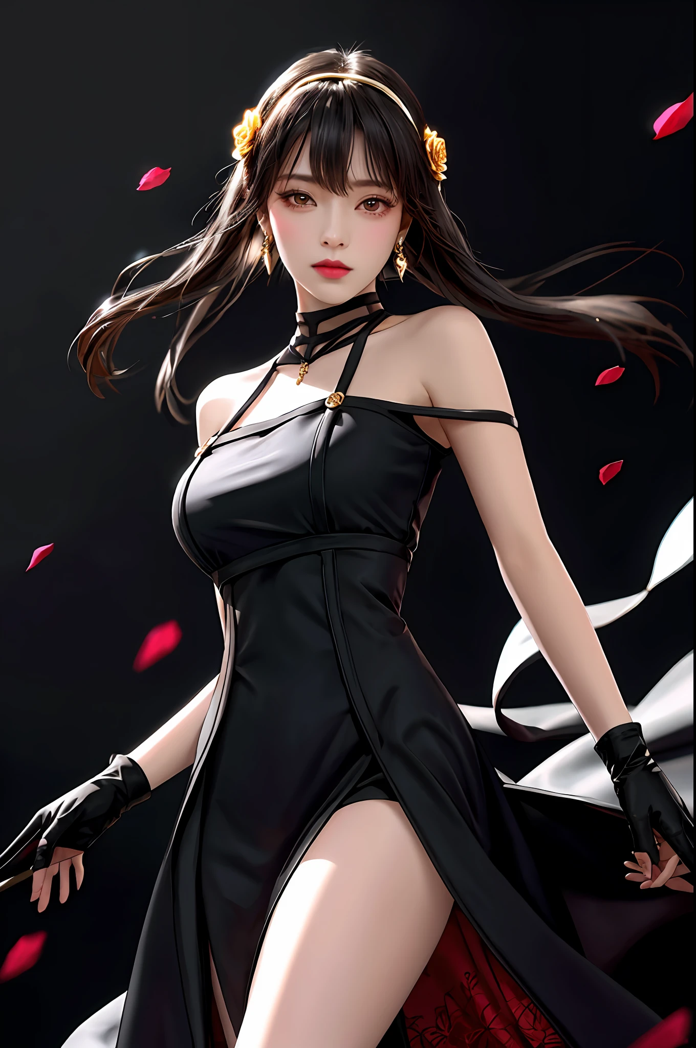 yor briar, (photorealistic), beautiful girl,
backlighting, bare shoulders, black background, black dress, black gloves, black hair, breasts, closed mouth, cowboy shot, dress, earrings, expressionless, fingerless gloves, floating hair, gloves, gold earrings, gold hairband, hair flower, hair ornament, hairband, jewelry, large breasts, light particles, long hair, looking at viewer, off-shoulder dress, off shoulder, petals, red eyes, short hair with long locks, sidelocks, solo, spikes, thighs, two-sided dress, two-sided fabric
, ((masterpiece))
