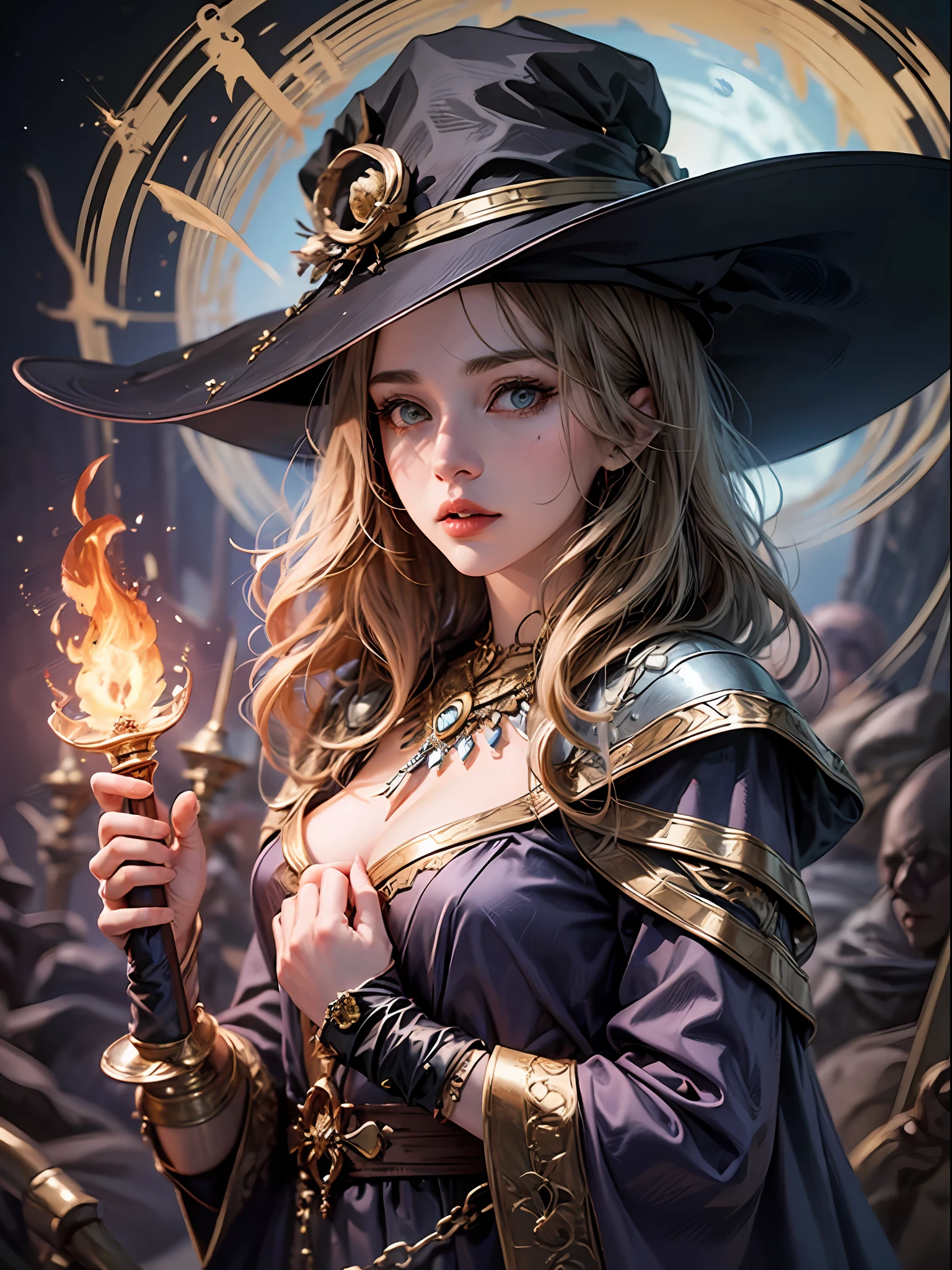 Dressed in a witch costume holding a bright wand, female mage conjuring a spell, dark fantasy female mage, female sorceress portrait, beautiful female sorceress, female mage, female fire mage, fire mage character