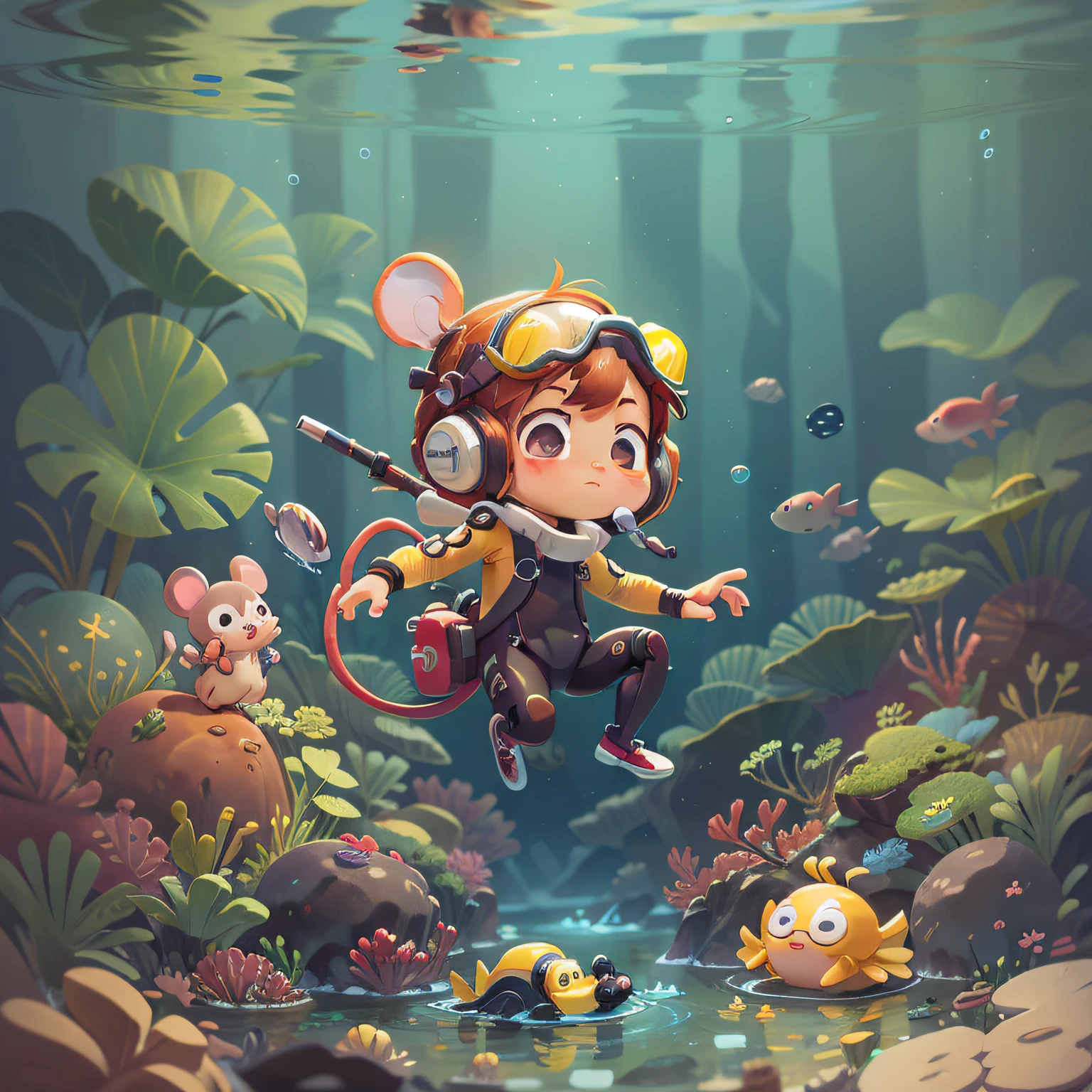 chibi, mouse, cute, deep ocean scuba diver, with tech aquatic suit, male, with action pose, yellow scuba equipment, base with inside a bubble water, (using fins), bigbadejo, full body, masterpiece, 3D Rendering, Best Quality, Lots of Detail, (plain background), vinyl toy figurine, (perfect hands)