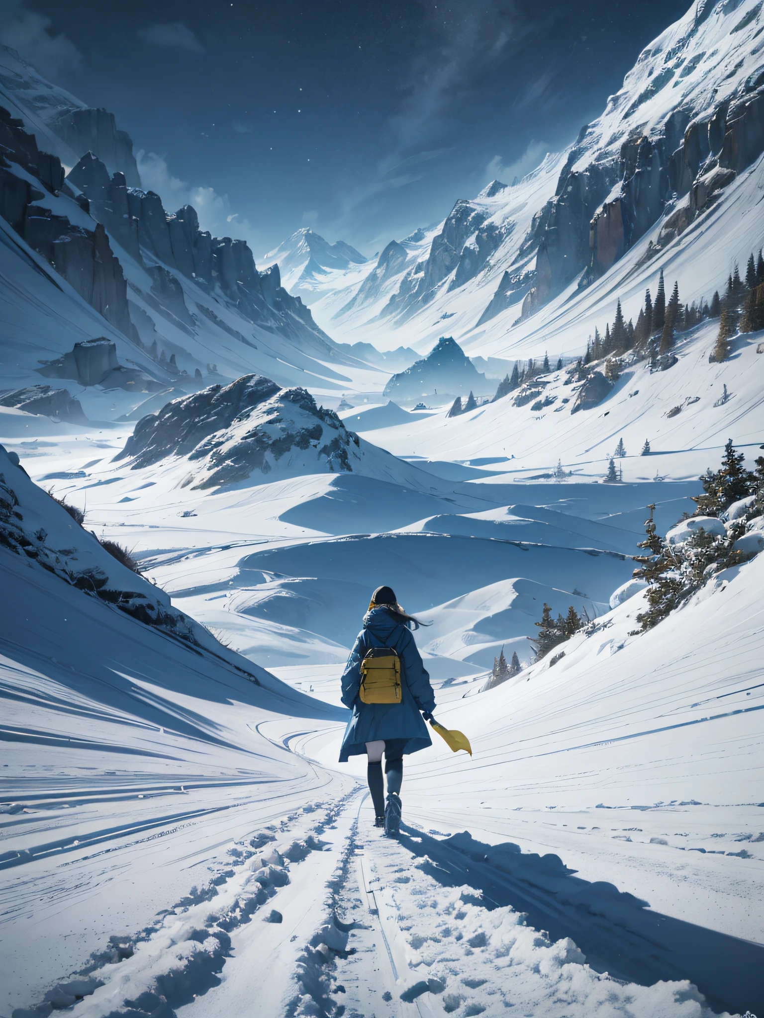 a Woman in the surreal dream landscape, Risograph Style, surreal frozen landscape, low angle view, blue and yellow tones, Bertil Nilsson, V Magazine, disdain, Snowy mountain, Natural Lighting, fashion moodboard, glowing light, motion lines, retina, award winning --auto