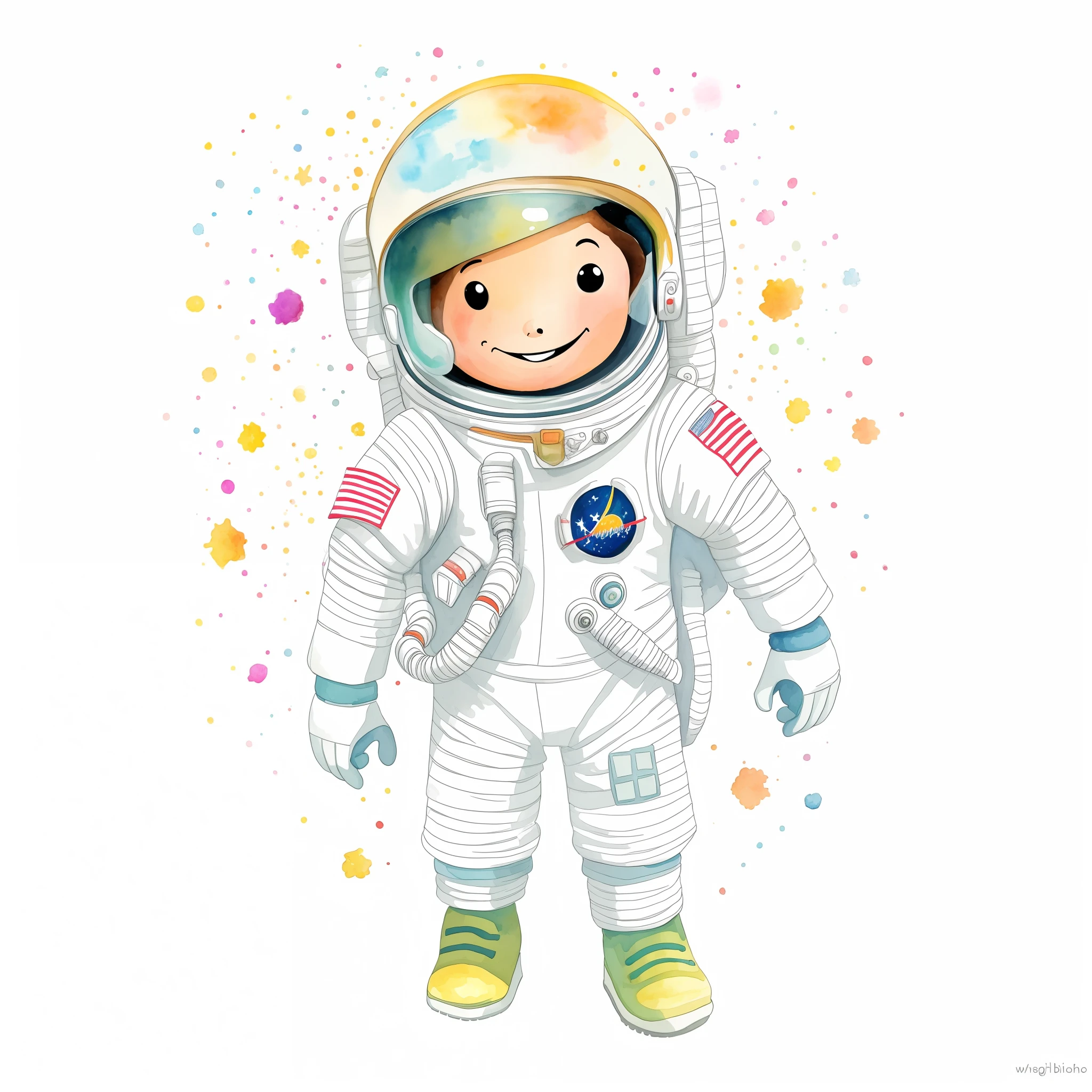 hand-painted astronaut in watercolor, children's book illustration style, white background