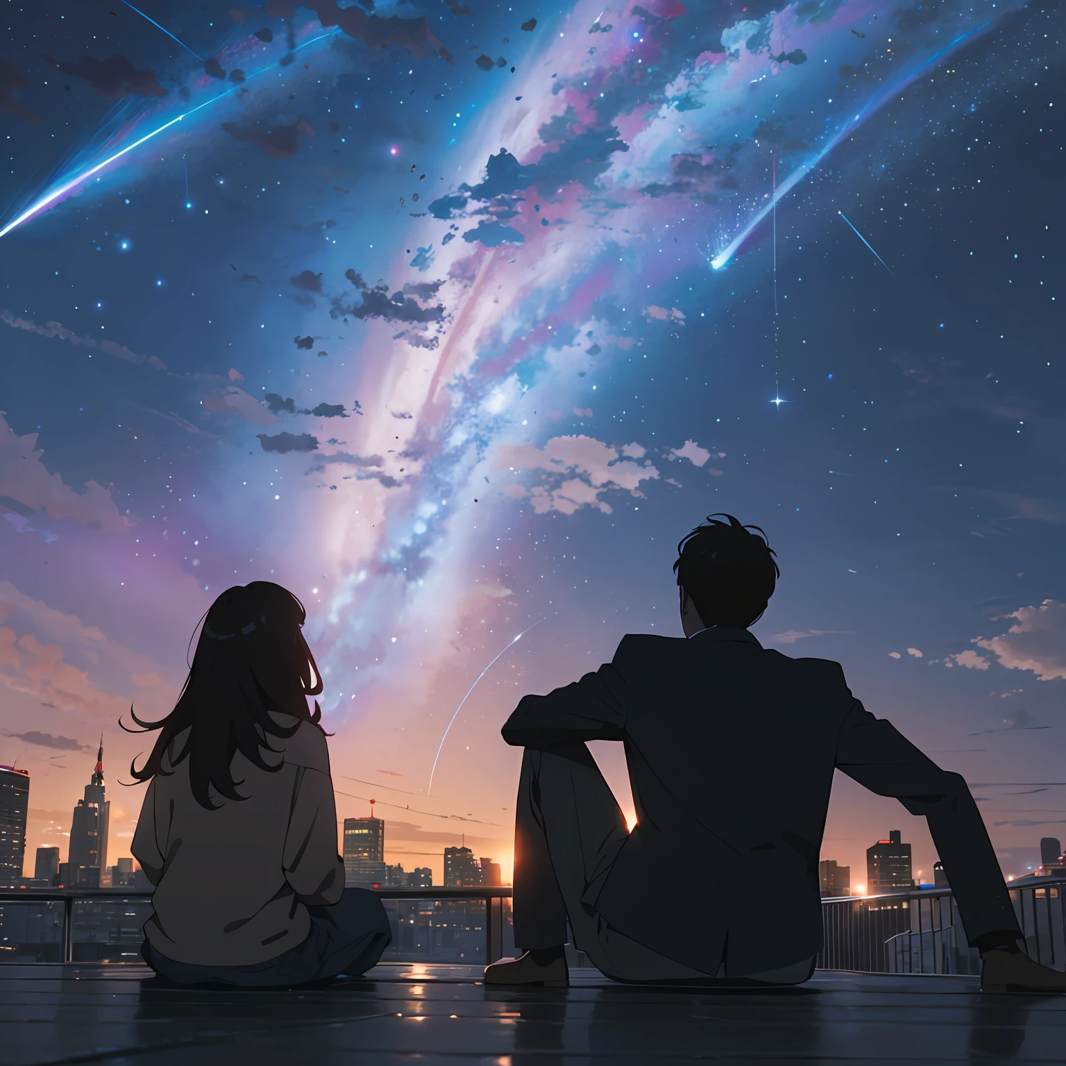 octane, sky, starry sky, night, one boy, one girl, night sky, pair, outdoors, building, clouds, milky way, sitting, tree, girl short bob, urban, silhouette, cityscape,few shooting stars