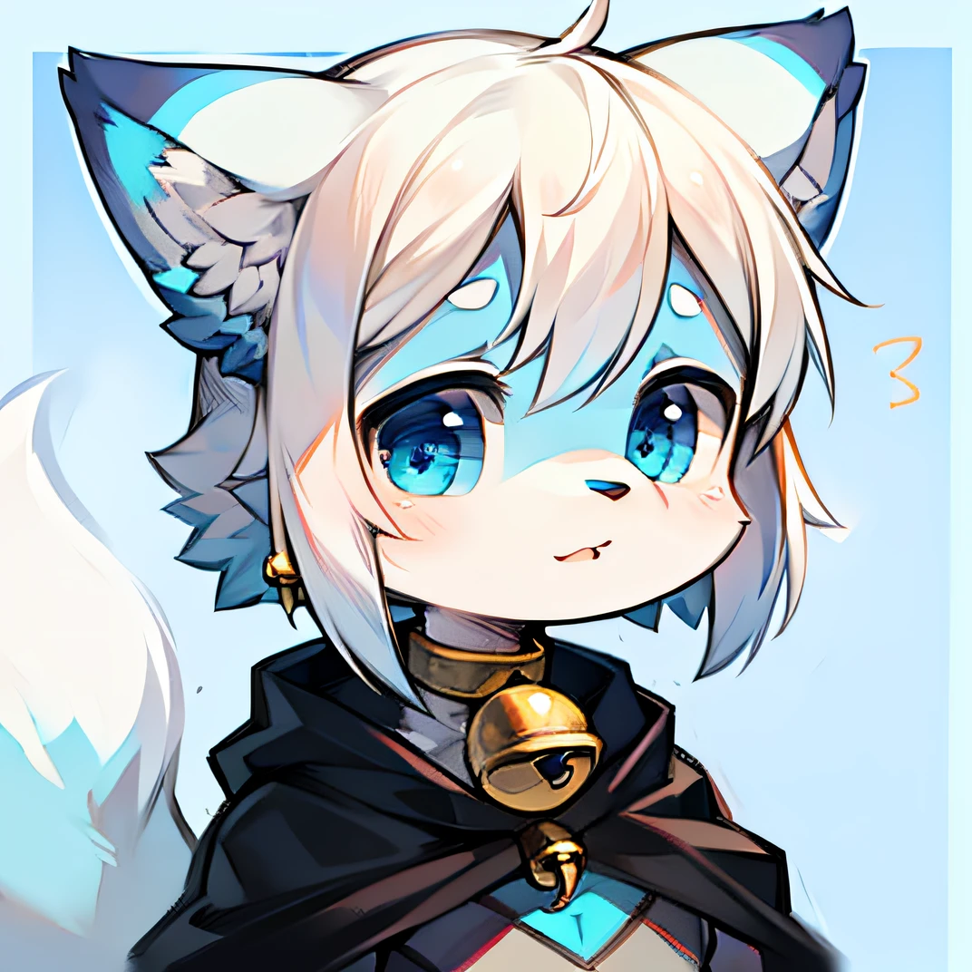 Furry, blue wolf, white hair, pure blue background, bell, child, humanoid, big fluffy tail, dog ears, super cute face, expression, head, avatar