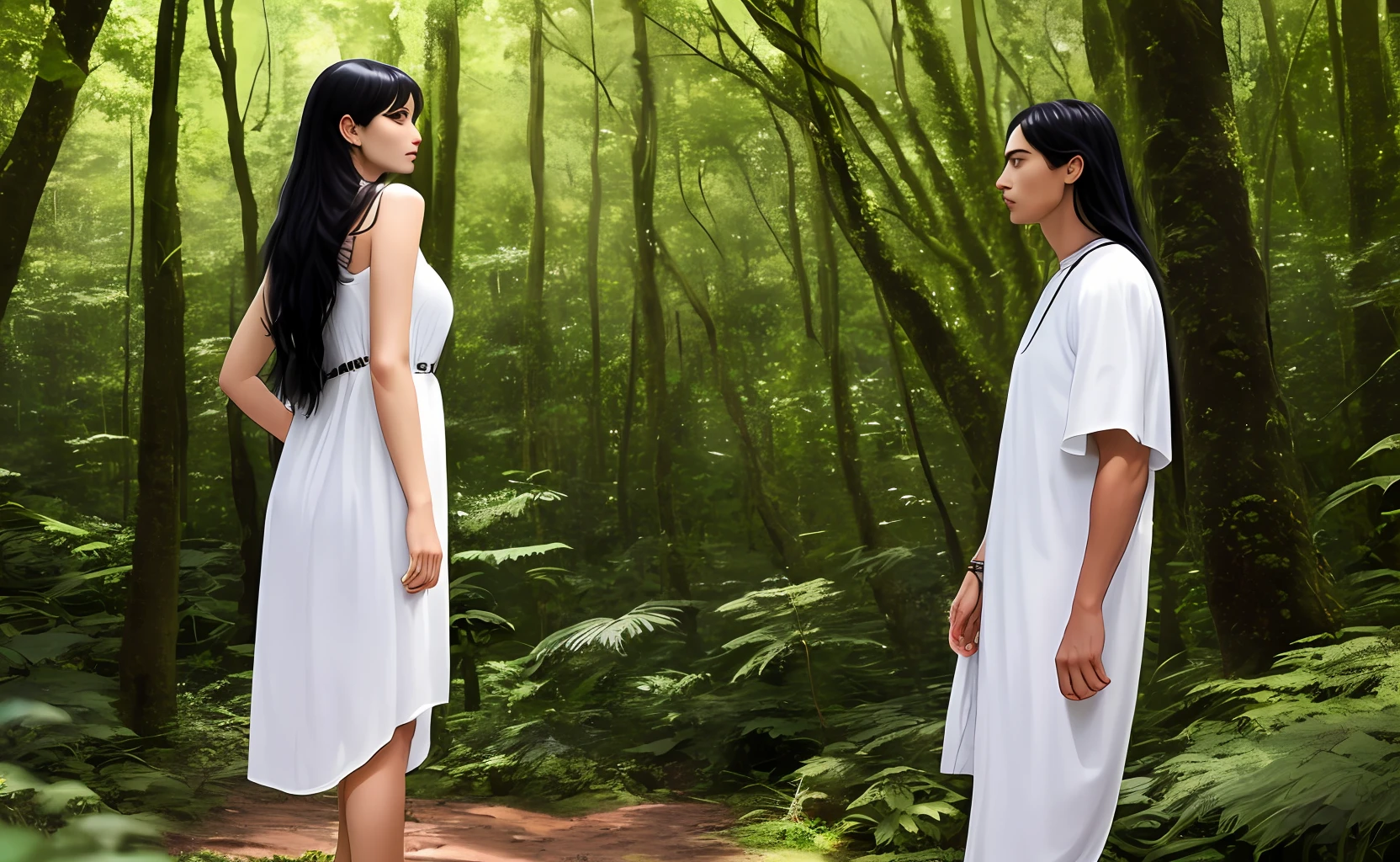 Tall, thin woman, white skin, long black hair. He wears a long white tunic. It's in a forest. Natural daylight