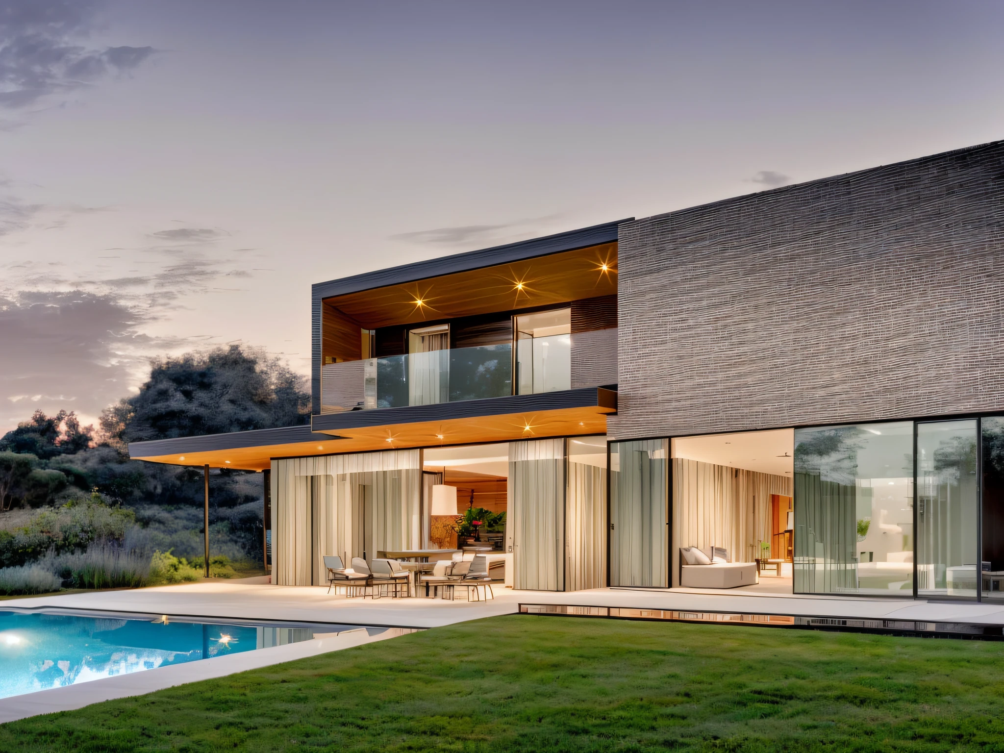 "Minimalist modern luxurious house with large windows and a spacious garden, bathed in the warm hues of a sunset."