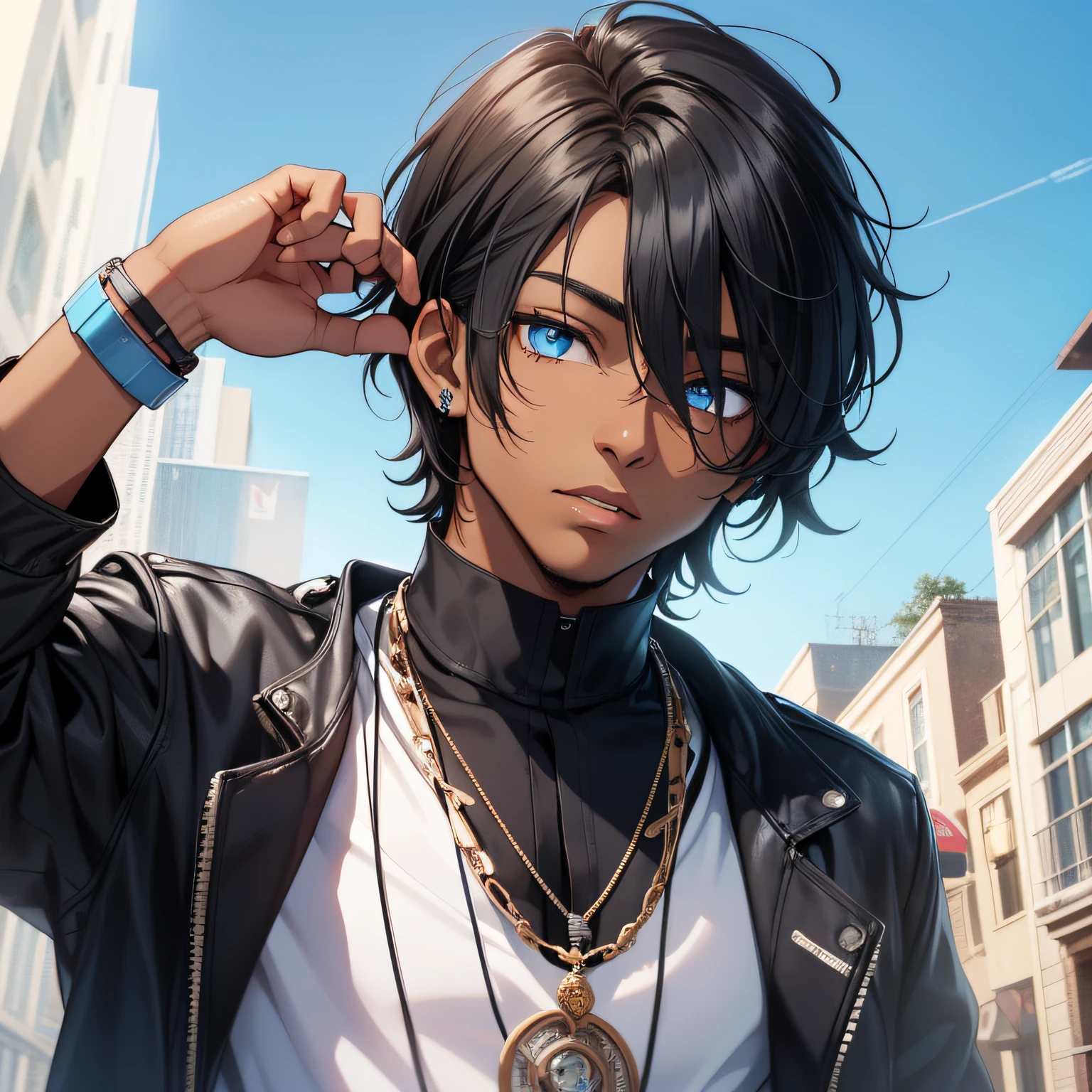 Black boy, dark skin, black hair, straight hair, light eyes, blue eyes, light blue eyes.