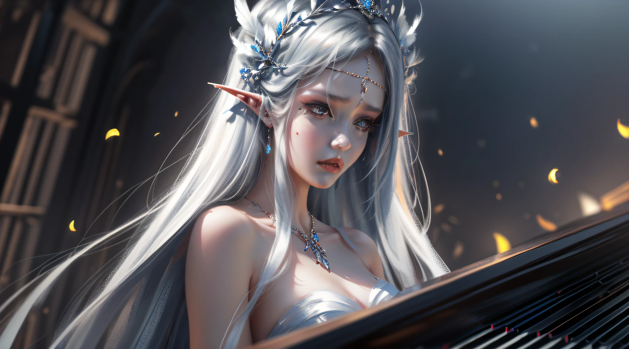 ((Super fine 8K CG wallpaper)), (noble and elegant style), beautiful beauty dressed in white evening dress, feather small hair ornaments and crowns, (cold color white hair), enhance character characteristics, rich body details, sweet face, sea qin smoke, tear moles, elf ears, piano