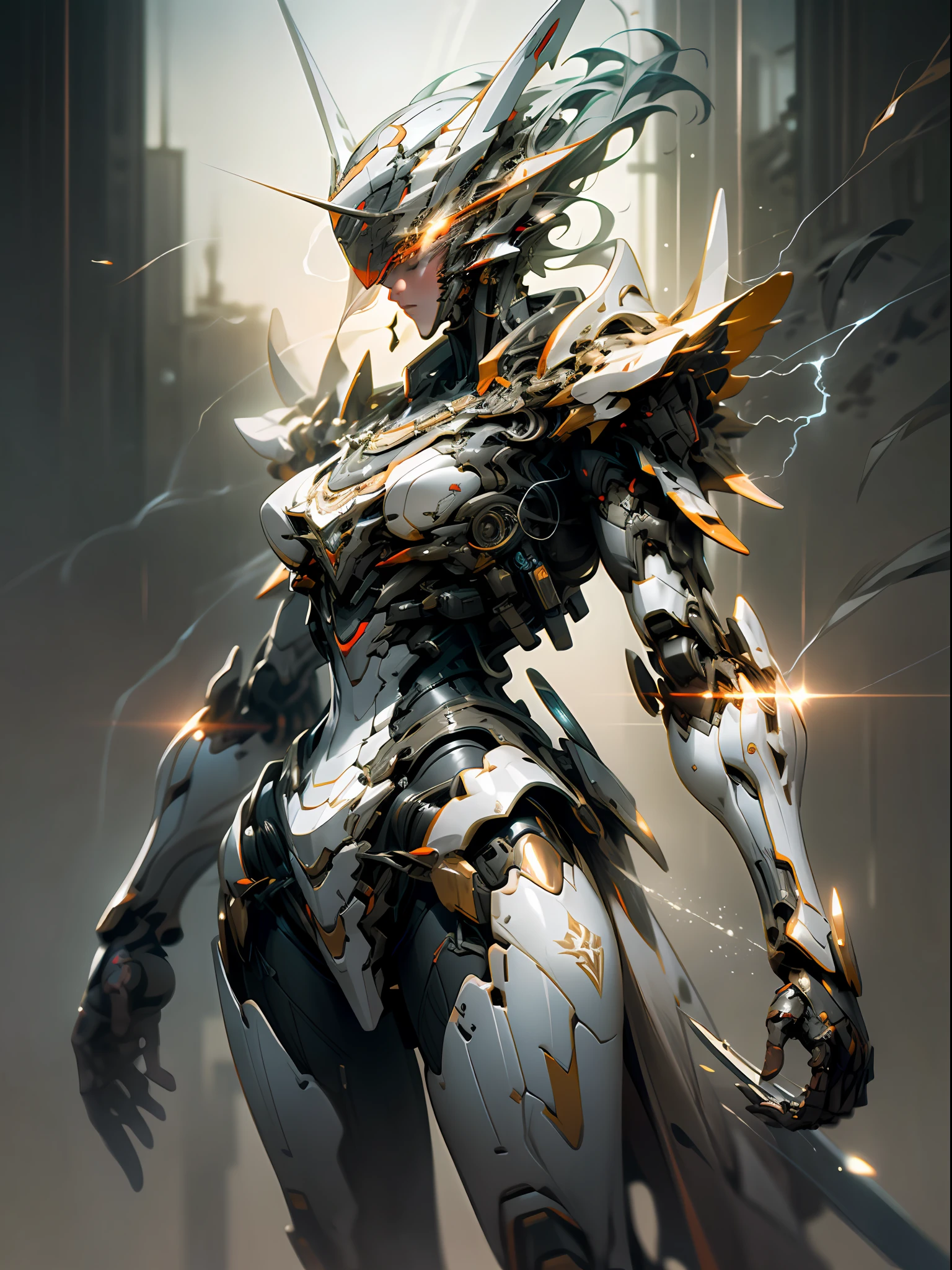 Masterpiece, Best quality, High quality, (Futurism: 1.1), Red Ghost Hunter, Lightning Surround, Lightning Flash, Swords Scattered Aside, (Cyberpunk Costume), Cinematic Lighting, (Exquisite Future), Beautiful and Beautiful, Ultra Detailed, Great Composition, Floating, Depth of Field, (Very Detailed CG, Unity 8k wallpaper), (Beautiful Detail Background), Beautiful Hair Detail, Dramatic Lighting, GOGETTA, Mecha, Best Quality, Ultra High Resolution, Photorealistic Realistic