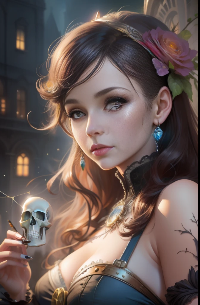 art by Ralph Horsley and mandy disher steampunk half Body Lady with Bones, spiderweb, skull, gemstone watercolor painting, Jean-Baptiste Monge style, bright, beautiful in spring, splash, big perfect eyes, rim lighting, lights, magic, fantasy, digital art, wlop, artgerm and james jean