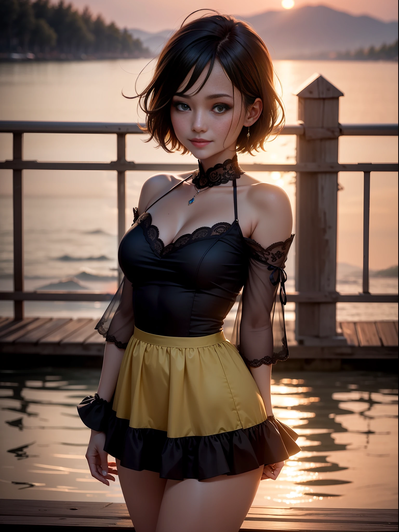 photo of a woman, neckline, (masterpiece), (best quality), (detailed), (8k), (HDR), (wallpaper), (cinematic lighting), (sharp focus), (intricate), looking at the camera, bokeh, ((soft light)) medium shot, semi-profile vision, low angle, light makeup, big smile, high hills,, miniskirt, tan, black socks, short hair, watch the sunset on a romantic lakeside pier,  Tranquil environment, sparkling water, magical atmosphere, Hire