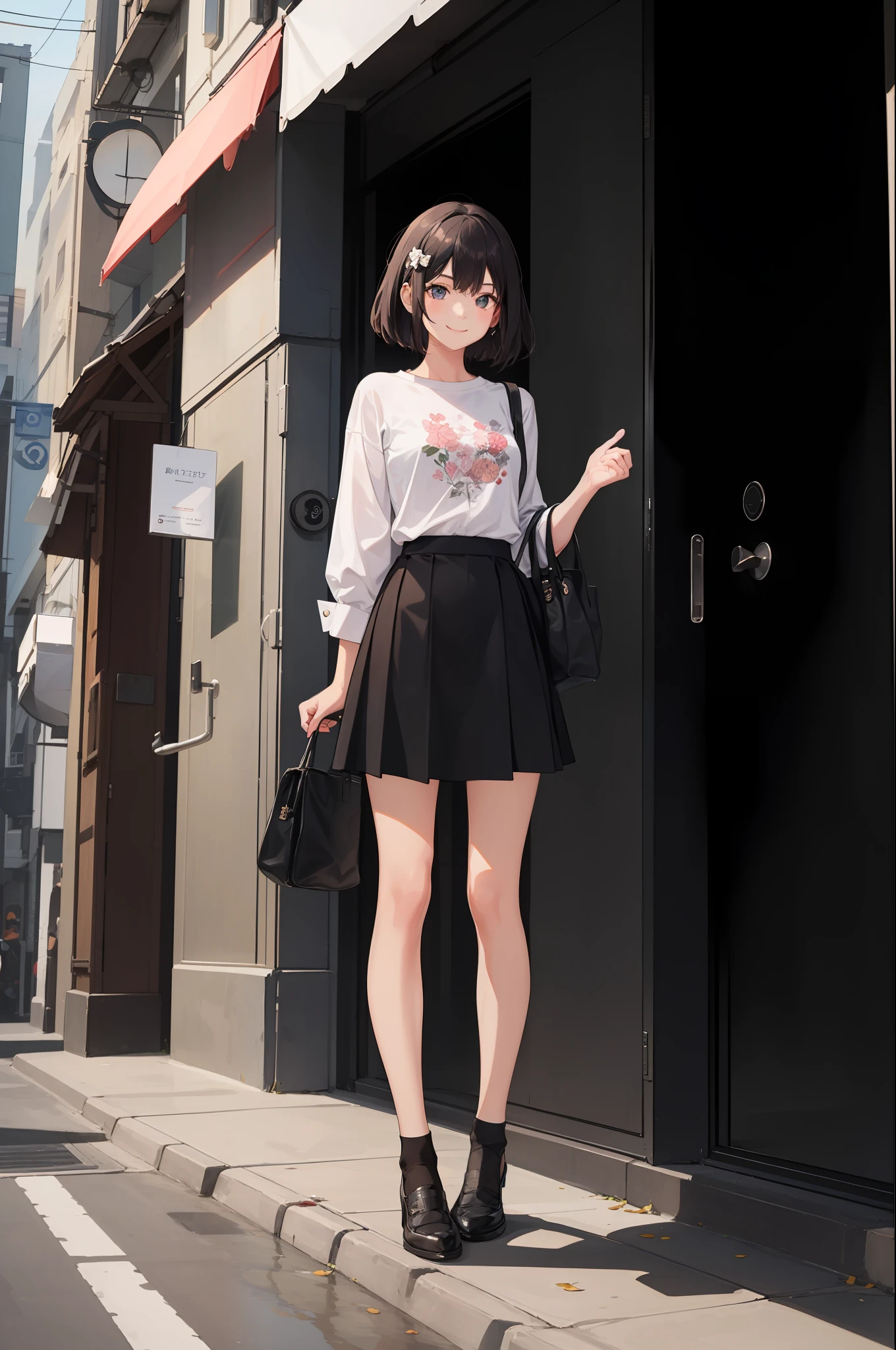 1 girl, smile, shirt, skirt, (small) chiralism,