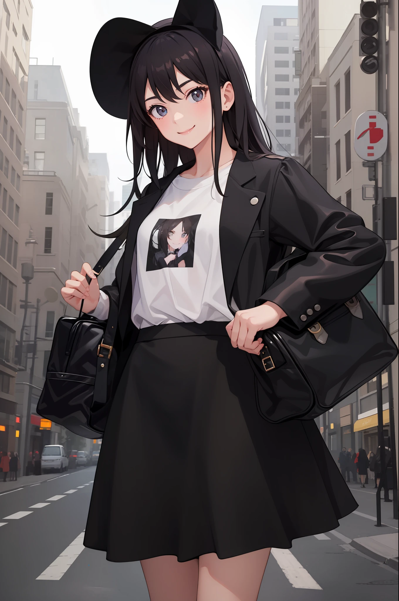 1 girl, smile, shirt, skirt, (small) chiralism,