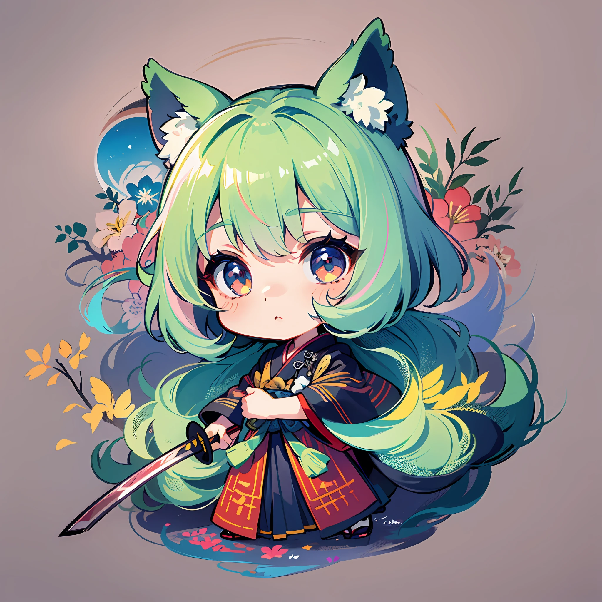 ((Sticker: 1.5))), ((Chibi Chara)), (White Background), Fluffy, Girl, Samurai, Samurai Costume, With Japan Sword, Samurai Pose, Chibi Chara, Full Body, Pastel Hair, Fairy Tale, Fantastic, Rainbow, T-Shirt Design, Masterpiece, Best Quality, 16k, Meadow