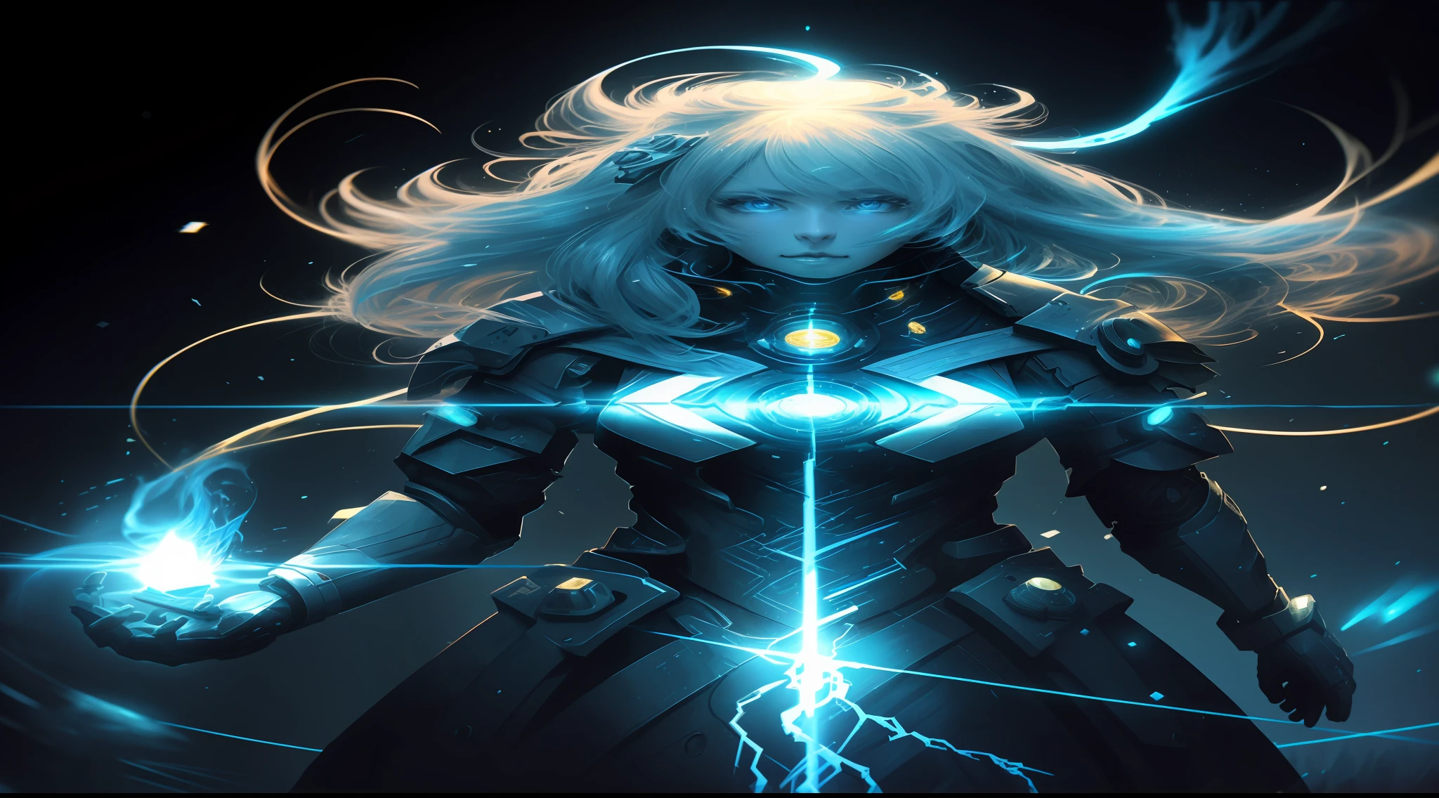 Digital Ilustration, Anime style, Woman, elemental mage engulfed in blue flames and yellow lightning, chromatic chaos, gold and ice tones, depth of field, beautiful, highly detailed, hyperrealistic, cinematic lighting, clear, space background, cinematic lighting soft, (backlight: 1.2), (flowering: 1.2), (bright light: 1.1), (chromatic aberration: 1.2), sharp focus, high contrast ,masterpiece, photorealistic