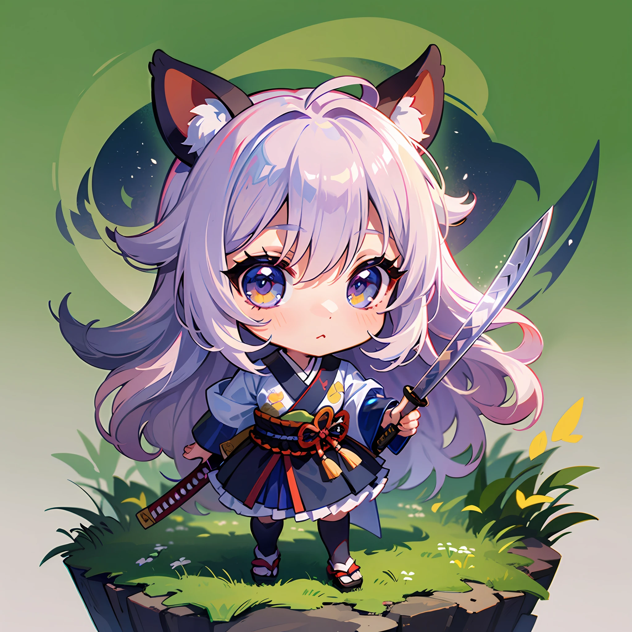 ((Sticker: 1.5))), ((Chibi Chara)), (White Background), Fluffy, Girl, Samurai, Samurai Costume, With Japan Sword, Samurai Pose, Chibi Chara, Full Body, Pastel Hair, Fairy Tale, Fantastic, Rainbow, T-Shirt Design, Masterpiece, Best Quality, 16k, Meadow