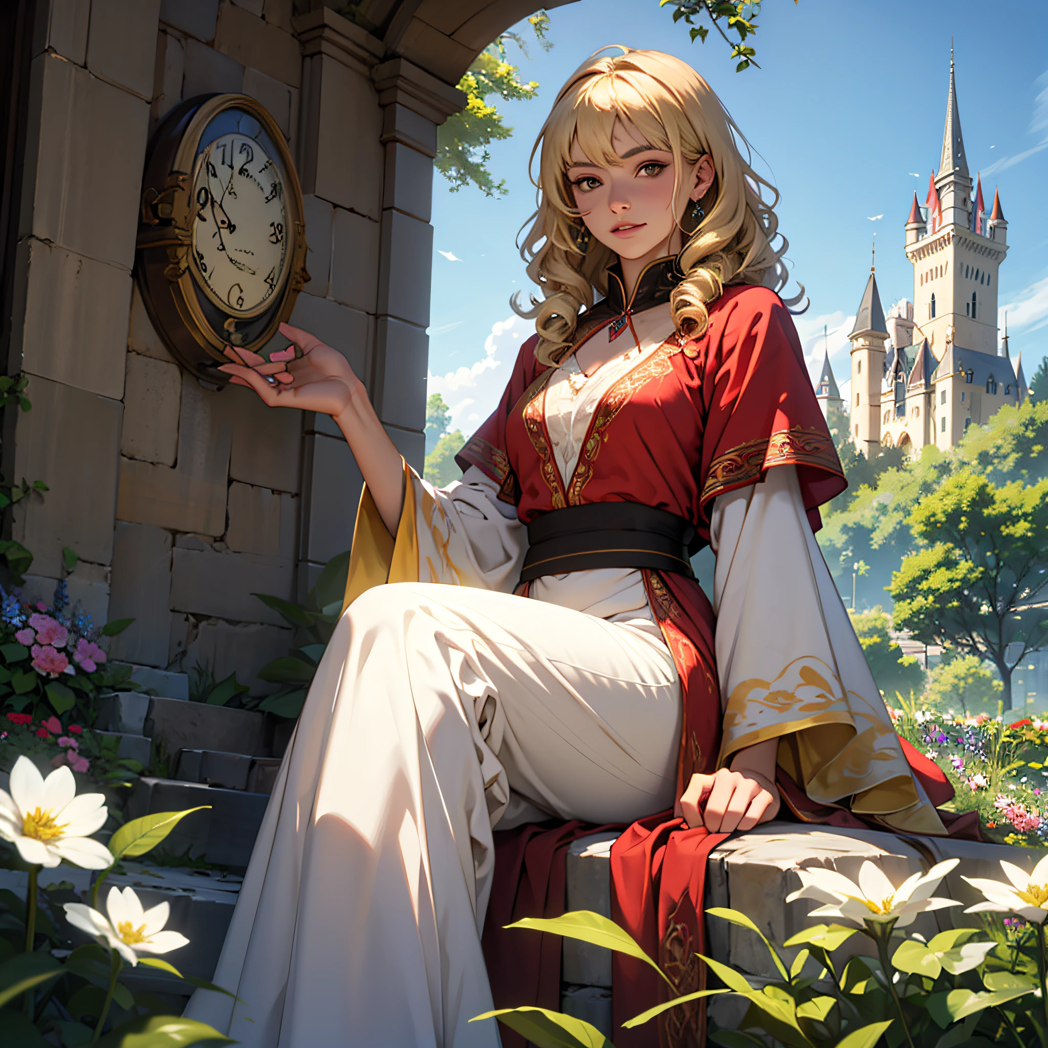 princess with blonde curly hair, with a flushed face, sparkling brown eyes, silk clothes, sitting in a flowering garden in the background of a magical castle, high quality image, realistic