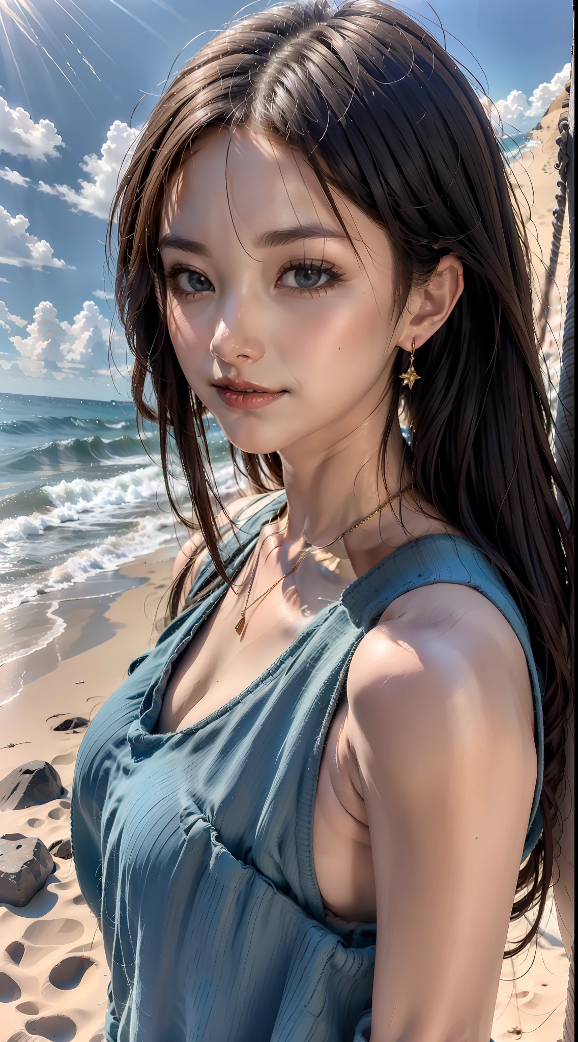 Behind her, the blue sky and white clouds cast warm sunlight, intertwined with the sound of waves crashing on the beach. She raised her head gently, smiling and gazing into the distance, her eyes revealing a hint of mystery and longing. The surrounding scenery is also heart-warming. The fine grains of sand on the beach shimmer with golden light, accompanied by small waves in the breeze. The blue ripples of the sea give off a clear and tranquil feeling. The island in the distance is surrounded by greenery, and the green trees are reflected in the blue sea, like a beautiful picture. This picture is not only a depiction of beauty, but also brings people inner peace and dreaminess. Through the 8K resolution display, every detail and color is displayed so realistically, as if you can feel the warmth of the sun and the sea breeze. The girl's posture and expression exude confidence and independence, and her beauty is not only on the outside, but also on the inside. Her striking beauty is like a ray of light, attracting everything in heaven and earth. This masterpiece presented in 8K resolution makes people feel the touch of beauty and the charm of art through perfect details and high-quality expression. It presents the dream scene on the beach to the audience in a more realistic way, making people feel like they are in it, enjoying the beauty and freedom.