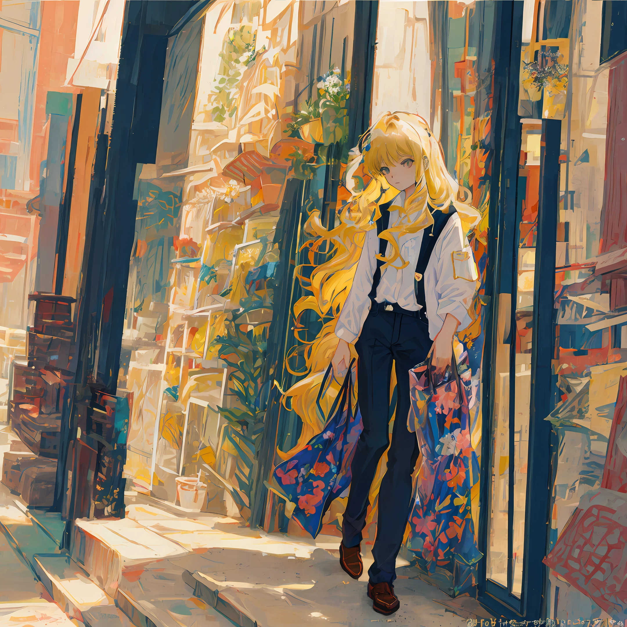 Anime, Hirokitsu Takeda manga artist, long curly hair, blonde hair, floral frame, decorative panels, detailed, intricate details, 4K, color splash, Fibonacci,