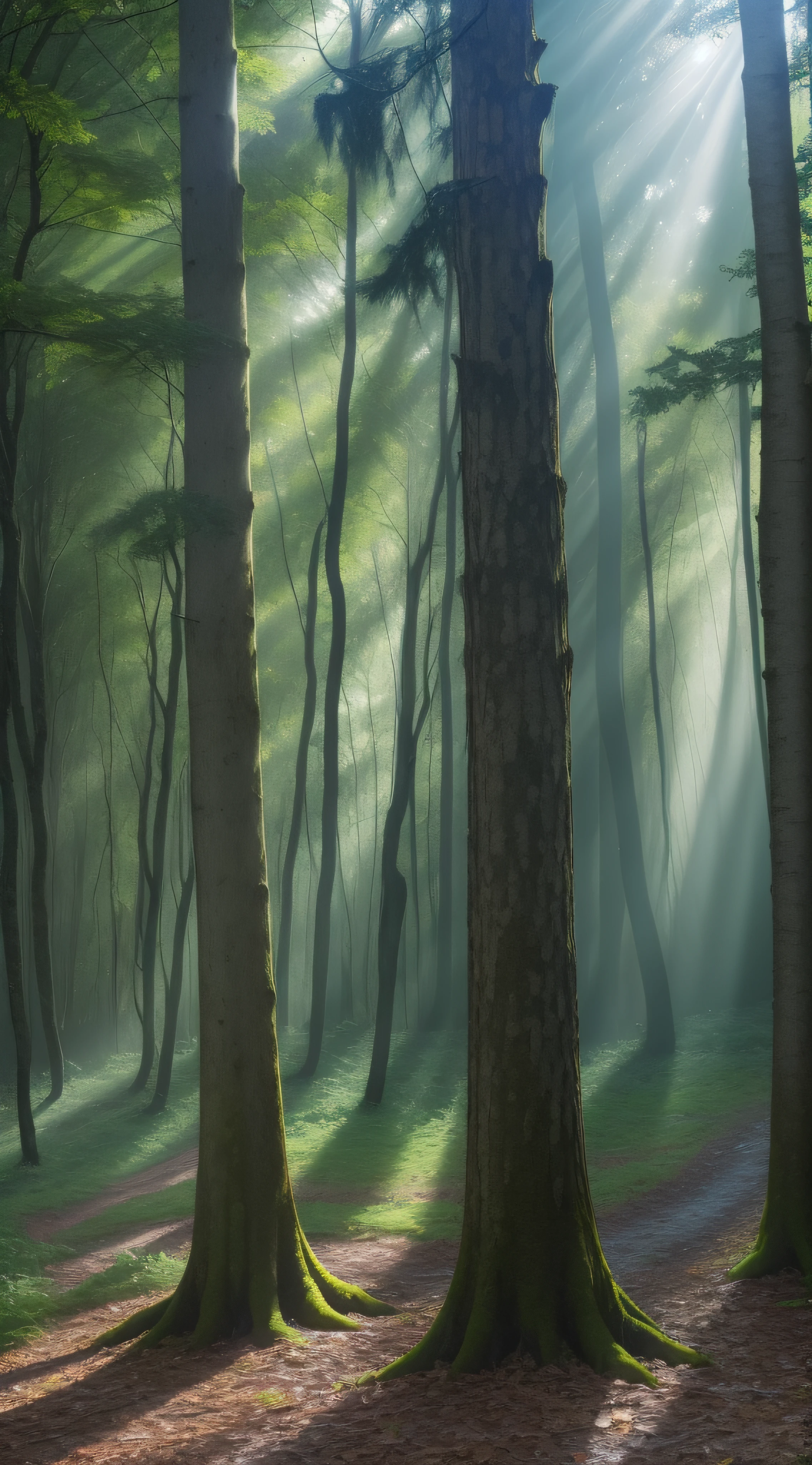 very dark forest with a small ray of light emerging