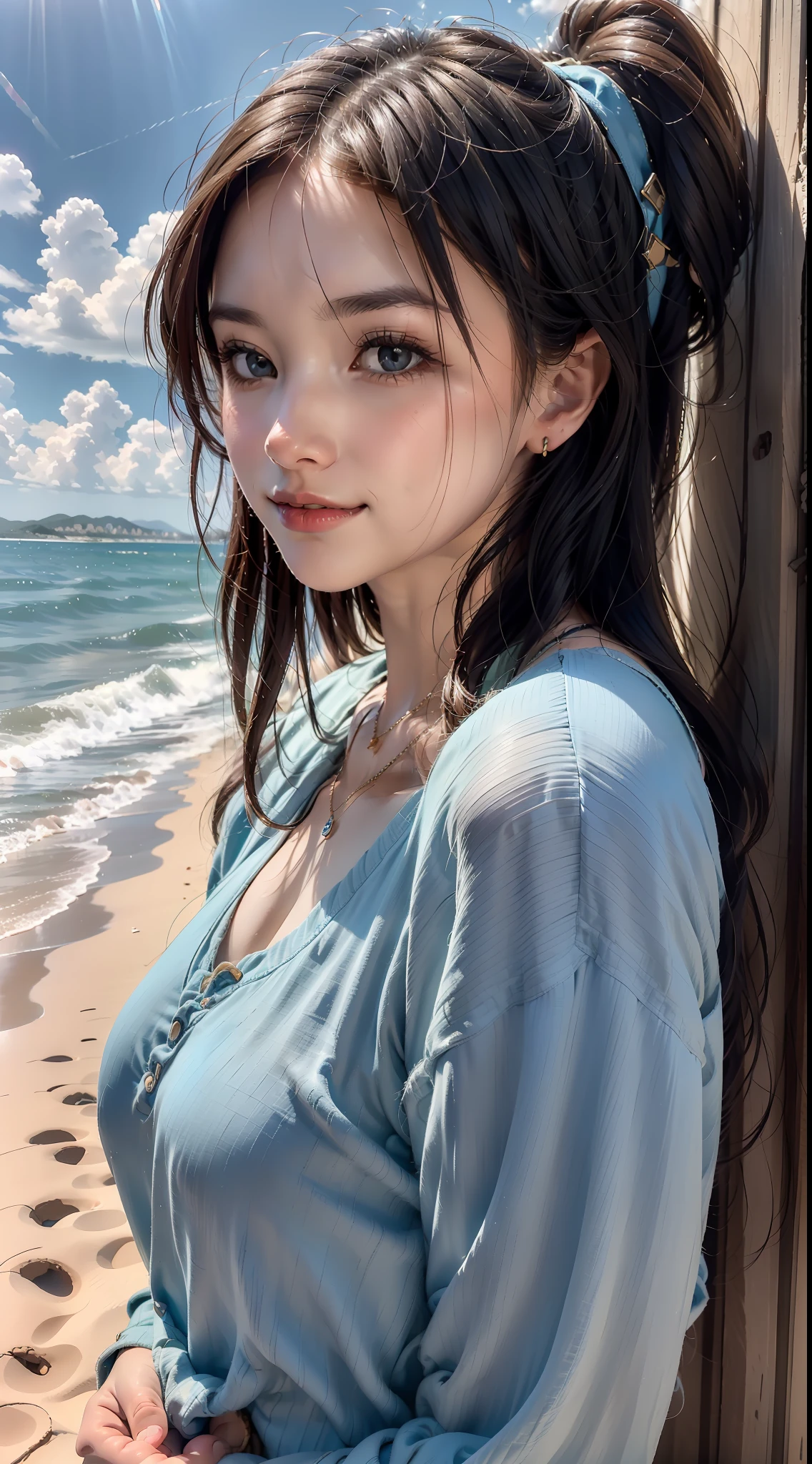 Behind her, the blue sky and white clouds cast warm sunlight, intertwined with the sound of waves crashing on the beach. She raised her head gently, smiling and gazing into the distance, her eyes revealing a hint of mystery and longing. The surrounding scenery is also heart-warming. The fine grains of sand on the beach shimmer with golden light, accompanied by small waves in the breeze. The blue ripples of the sea give off a clear and tranquil feeling. The island in the distance is surrounded by greenery, and the green trees are reflected in the blue sea, like a beautiful picture. This picture is not only a depiction of beauty, but also brings people inner peace and dreaminess. Through the 8K resolution display, every detail and color is displayed so realistically, as if you can feel the warmth of the sun and the sea breeze. The girl's posture and expression exude confidence and independence, and her beauty is not only on the outside, but also on the inside. Her striking beauty is like a ray of light, attracting everything in heaven and earth. This masterpiece presented in 8K resolution makes people feel the touch of beauty and the charm of art through perfect details and high-quality expression. It presents the dream scene on the beach to the audience in a more realistic way, making people feel like they are in it, enjoying the beauty and freedom.