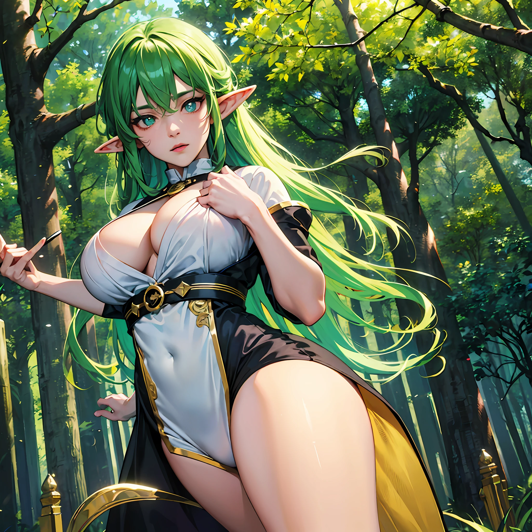 Elf, solo, masterpiece, best quality, Anime, hyper-detailed, absurd, looking at the viewer, long green hair, slender, dynamic lighting, high resolution, sharp focus, depth of field, detailed eyes, sharp pupils, realistic pupils, (large breasts), (thick thighs:1.0), forest --auto
