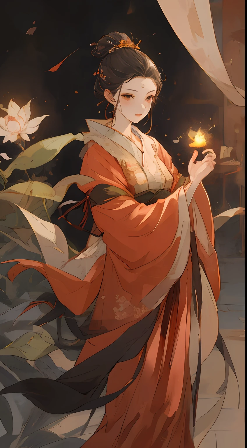 Superb Beauty, (Milky Skin: 1.3), Exquisite Details, High Resolution, Wallpaper, 1 Woman, Solo, Dress, Hair Accessories, (((Golden Red Dress)) ), Flower, Long Hair, Brown Hair, Shut Up, Accessories, Long Sleeves, Raised Hands, Wide Sleeves, Big Eyes, Flowing Hair, Hanfu, Hanfu, Embroidery, Long Dress, Natural Pose, Falling Petals, Indoor, Fanning, Lantern, 16K, HDR, High Resolution, Depth of Field, (Film grain: 1.1), Bocon, Primetime, (lens flare), vignette, rainbow, (color grading: 1.5),