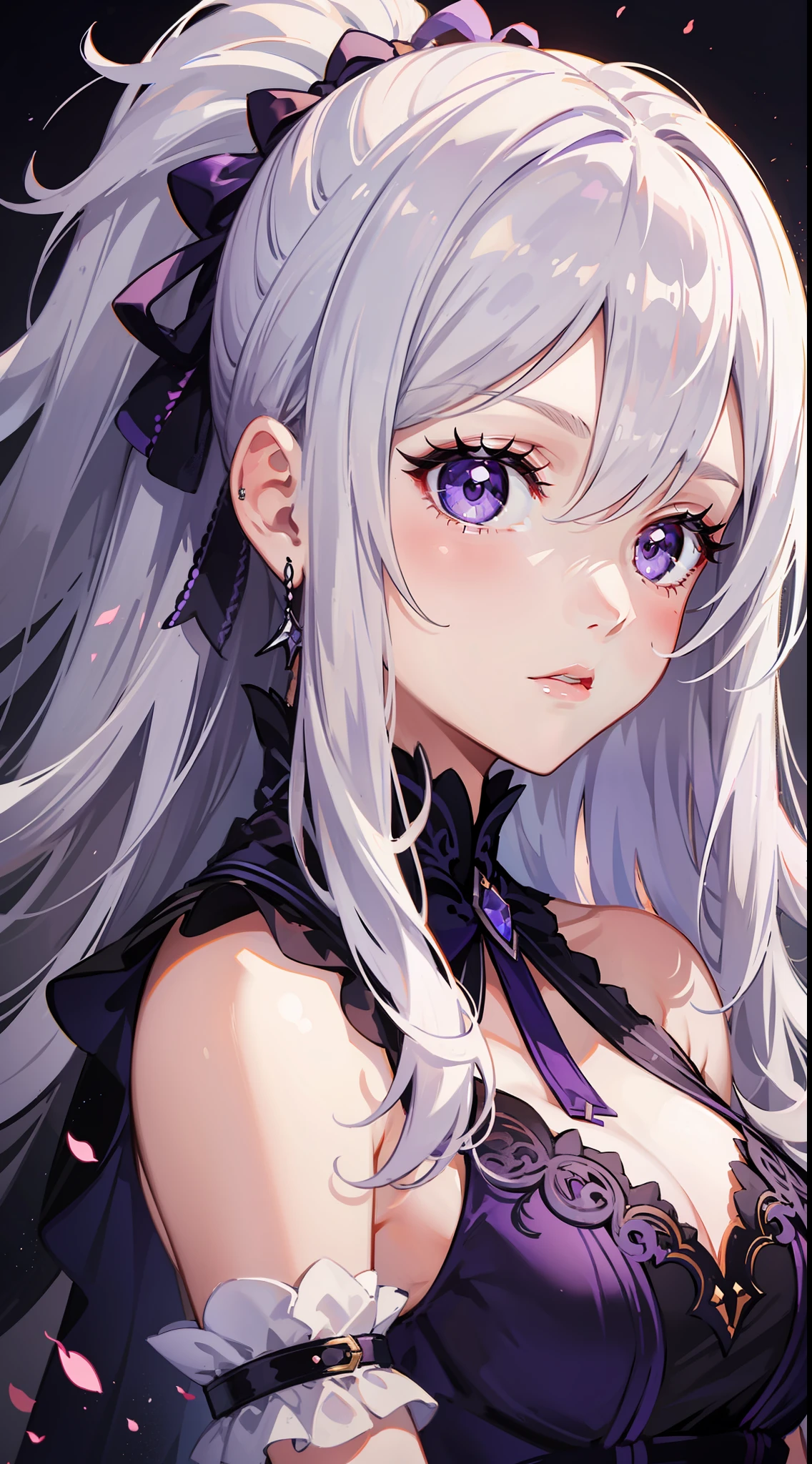 Young girl, long white hair, high ponytail, purple eyes, purple princess dress, evil look, masterpiece, high quality