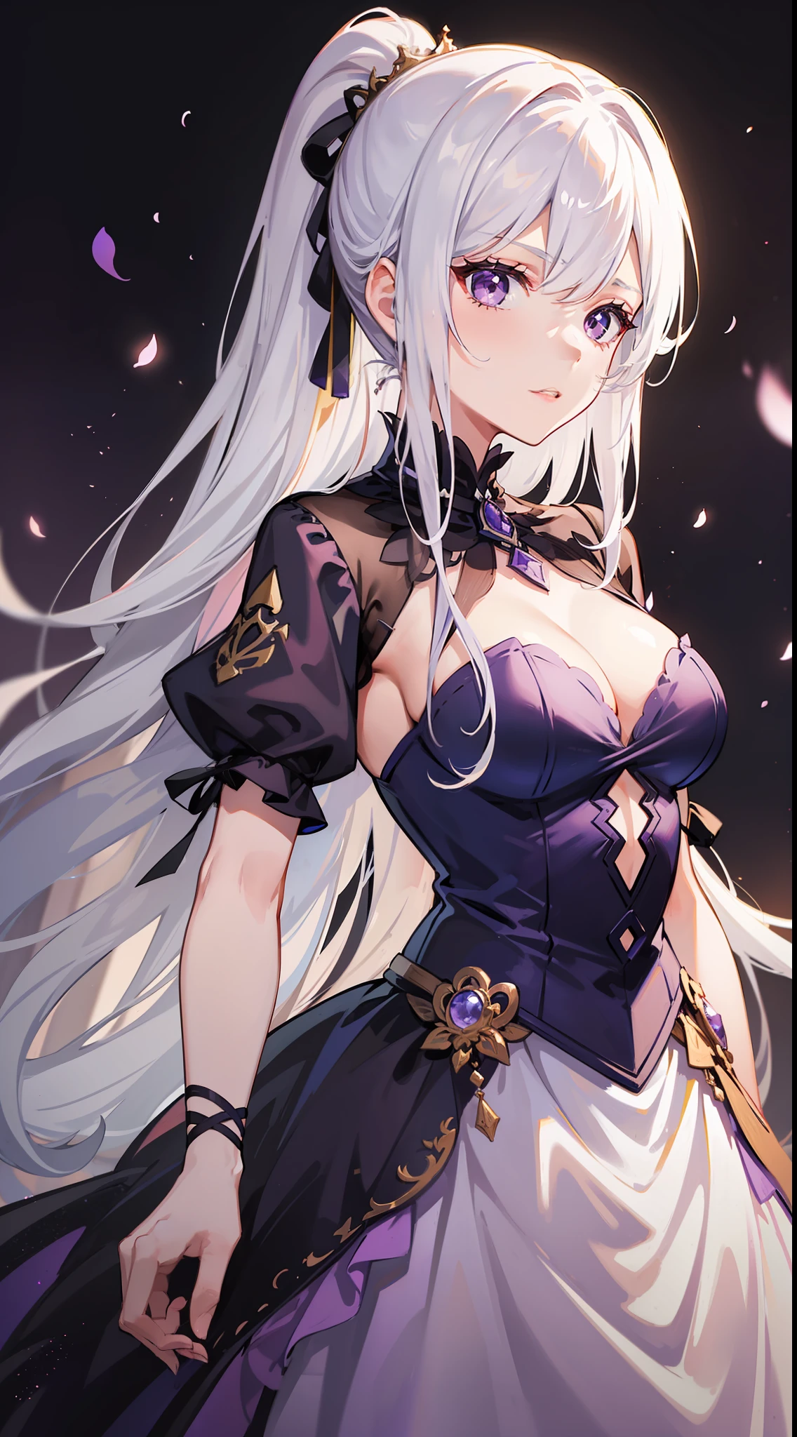 Young girl, long white hair, high ponytail, purple eyes, purple princess dress, evil look, masterpiece, high quality
