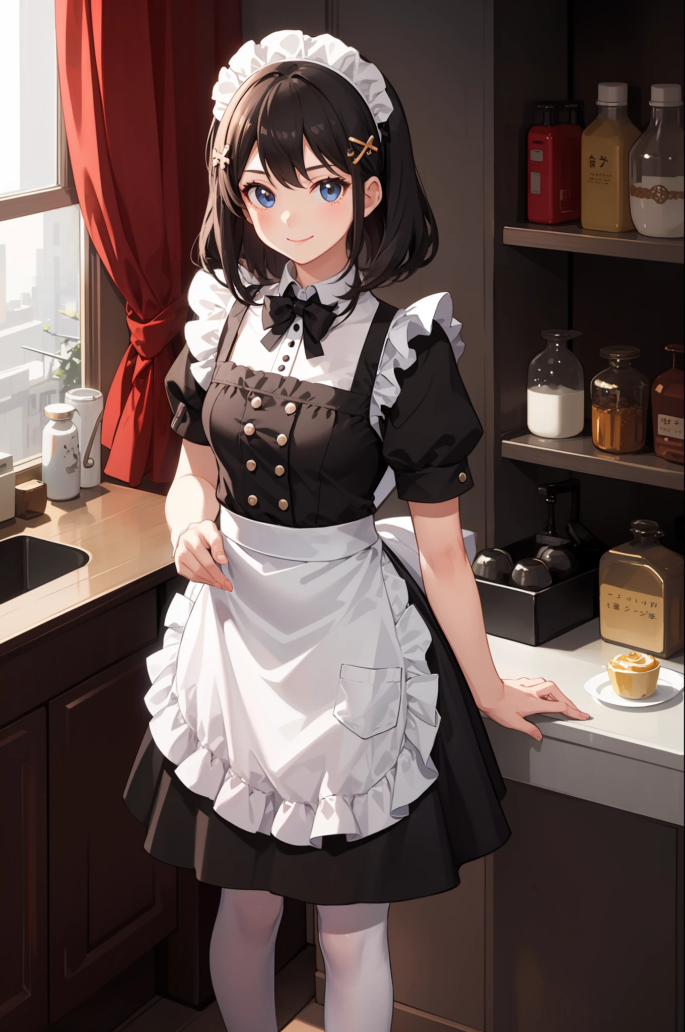 1 girl, smile, skirt, (small) chilarism, dress, apron,,,,,,、 maid,,,,,,,,、 hair ornament,