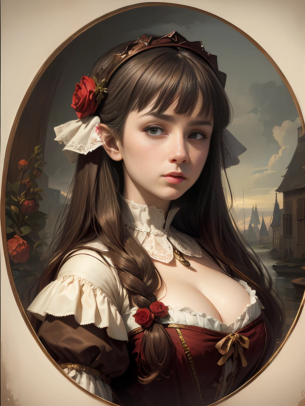 (Pure Color: 0.9), (Color: 1.1), (Masterpiece: 1,2), Top Quality, Masterpiece, High Resolution, Original, Highly Detailed Wallpaper, Beauty, Tudor, Court, Dress, Melancholy, Big Breasts, Rembrandt Style, --auto --s2