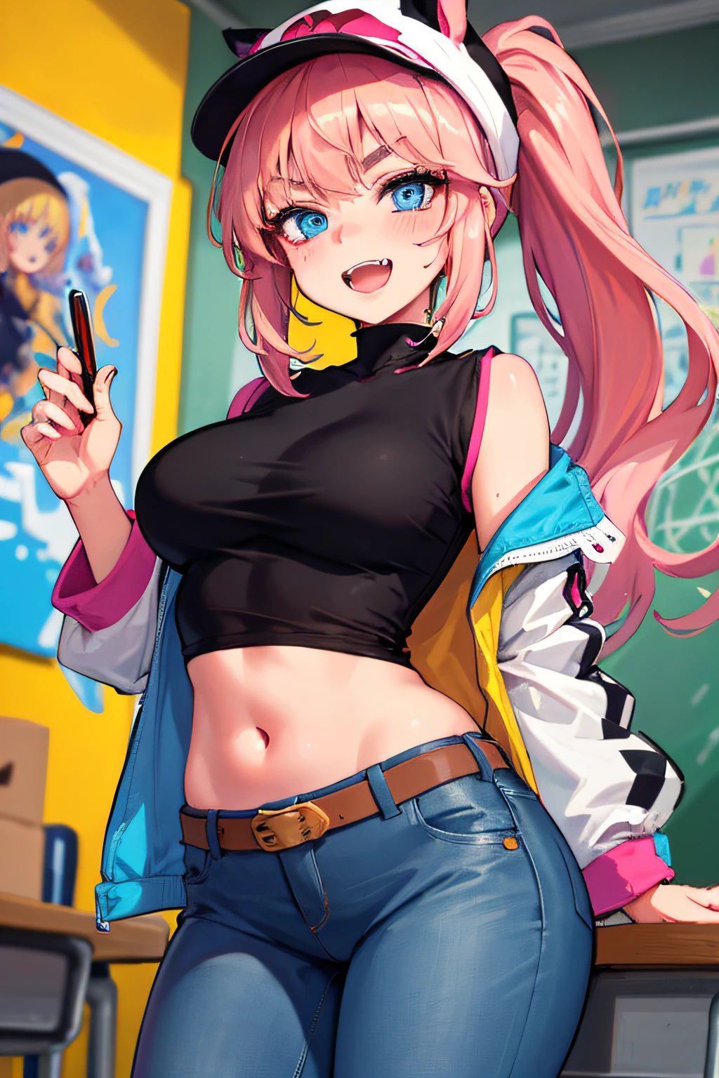 Original Character, Volumetric Lighting, Best Shadow, Shallow Depth of Field, Portrait of a Stunning Girl, Petite, Delicately Beautiful Face, Pink Hair, Charming Blue Eyes, Messy Painted Face, Sharp Eyebrows, Bright Smile, Open Mouth, Fangs Exposed, Cute Medium Breasts, Layered Long Ponytail Blonde, Blushing Eye Shadow, Thick Eyelashes, Applejack Hat, Oversized Pop Jacket, Mini Underboob Tee, Crop Button, Slim Waist, Jeans, With a buckled belt, In The Graffiti Alley, desk, classroom, holding a pencil, standing, (highest quality, amazing detail: 1.25), (solo: 1.3), brilliant and colorful paintings
