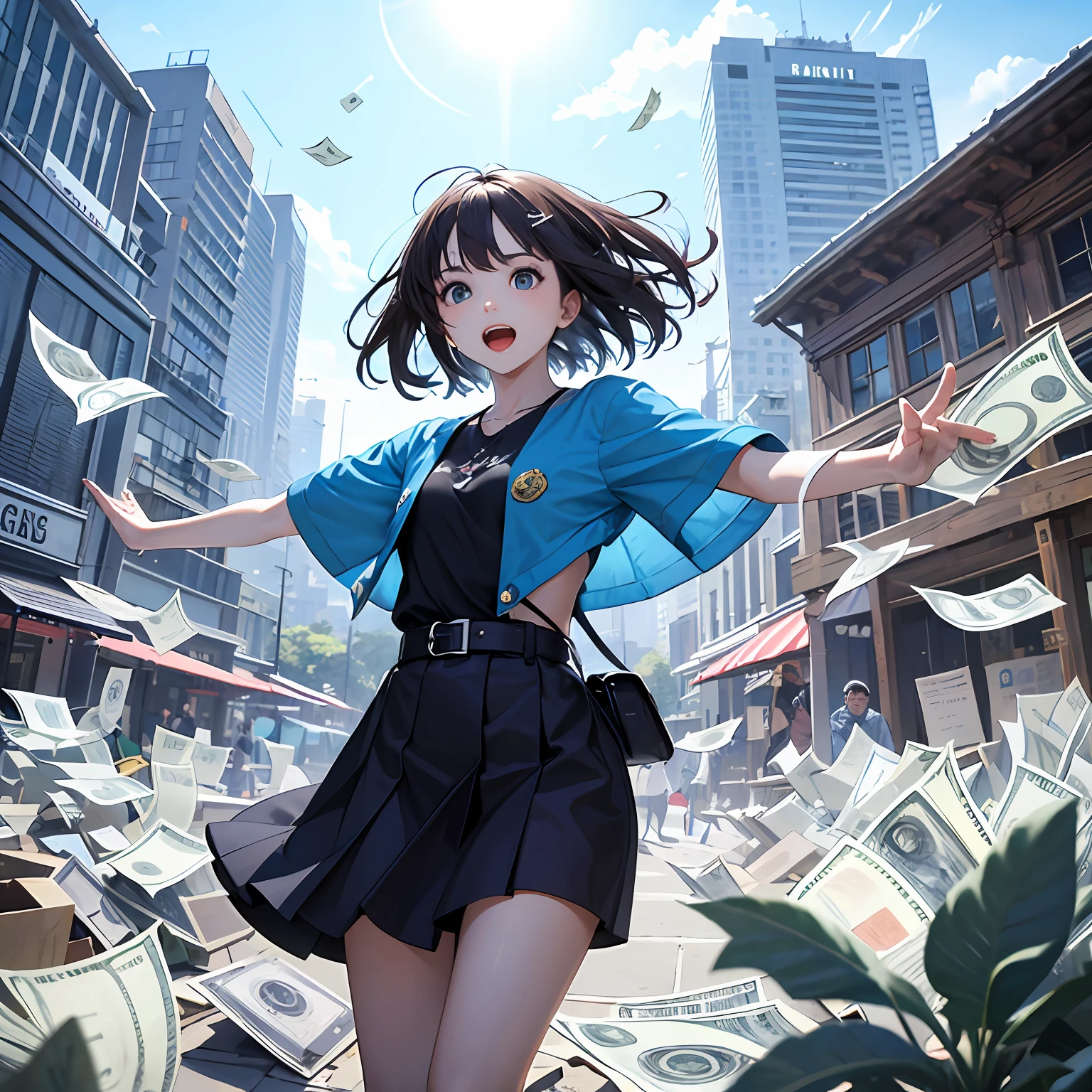 The image depicts a stunning and surreal scene, with a deep blue sky and fluffy, white clouds. From the sky, a shower of money bills is cascading down, creating a stunning visual effect.
The money notes are represented in different denominations and are shown in motion, floating in the air as they descend towards the ground. The brightness and texture of the notes are vivid, creating a sense of richness and abundance.
Around the scene, we can see people with open arms, looking up with wonder and joy, enjoying the unique moment of money falling from the sky. Their facial expressions show surprise and happiness as they reach out their hands to try and capture the notes.
On the ground, some bills of money have already accumulated, forming small mounds. These mounds of money reflect the generosity of the event and symbolize the opportunity to reap the financial benefits that are literally being poured out of heaven.
In the lower corner of the image, there may be a creative message, such as "Unique opportunity: The rain of money that can change your life" or "Unexpected wealth: Grab the chance to thrive."
This image conveys the idea of an extraordinary and unexpected opportunity, representing the possibility of a positive financial change and the realization of dreams. It arouses emotions of surprise, excitement, and hope at the prospect of receiving a financial blessing from heaven. --auto