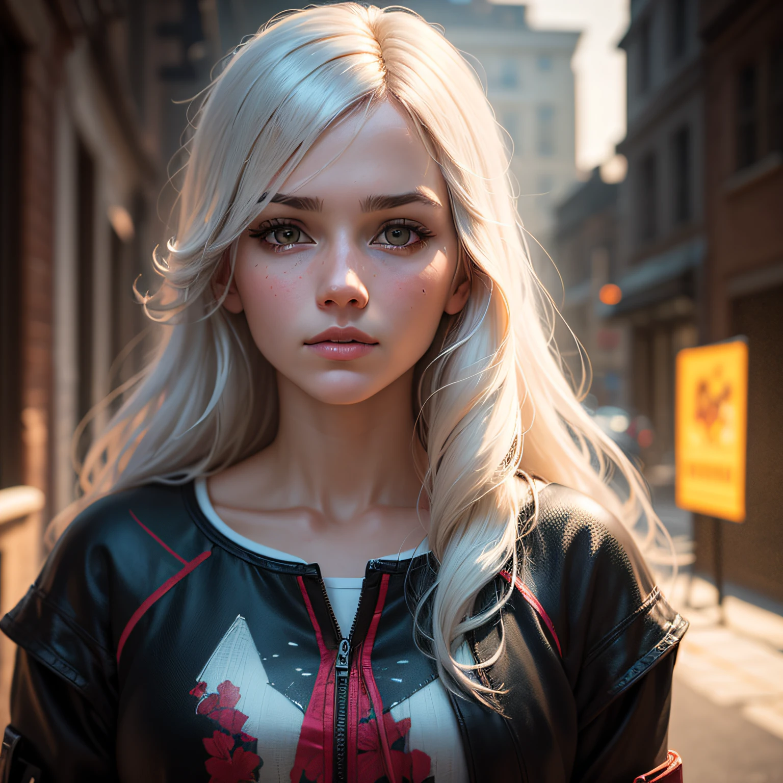 Hyperrealist portrait of female by david hockney and alphonse mucha,fantasy art, photo realistic, dynamic lighting, artstation, poster, volumetric lighting, very detailed faces, 4 k, award winning,, 1girl, in the dark, deep shadow, low key,cowboy shot,(official clothing:1.4) ,long hair,white hair, --auto