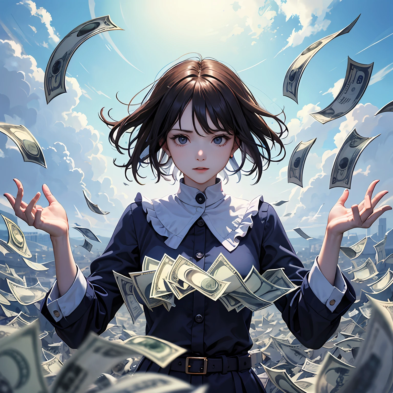 The image depicts a stunning and surreal scene, with a deep blue sky and fluffy, white clouds. From the sky, a shower of money bills is cascading down, creating a stunning visual effect.
The money notes are represented in different denominations and are shown in motion, floating in the air as they descend towards the ground. The brightness and texture of the notes are vivid, creating a sense of richness and abundance.
Around the scene, we can see people with open arms, looking up with wonder and joy, enjoying the unique moment of money falling from the sky. Their facial expressions show surprise and happiness as they reach out their hands to try and capture the notes.
On the ground, some bills of money have already accumulated, forming small mounds. These mounds of money reflect the generosity of the event and symbolize the opportunity to reap the financial benefits that are literally being poured out of heaven.
In the lower corner of the image, there may be a creative message, such as "Unique opportunity: The rain of money that can change your life" or "Unexpected wealth: Grab the chance to thrive."
This image conveys the idea of an extraordinary and unexpected opportunity, representing the possibility of a positive financial change and the realization of dreams. It arouses emotions of surprise, excitement, and hope at the prospect of receiving a financial blessing from heaven. --auto