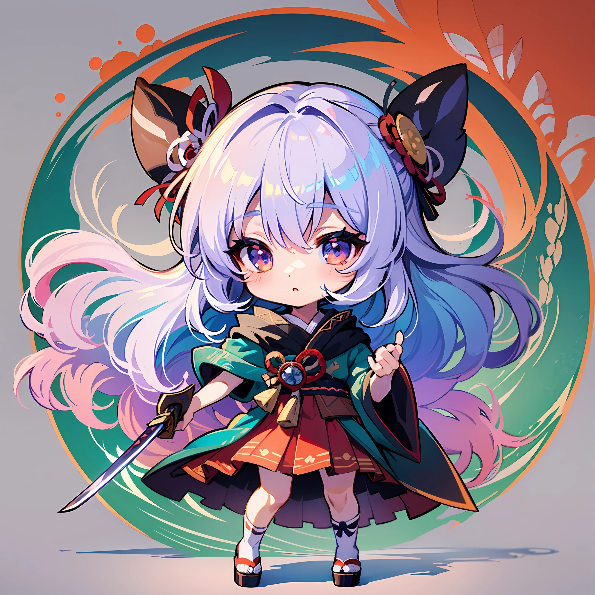 ((Sticker: 1.5))), ((Chibi character)), (white background), Fluffy, Girl, Kensei, Sword Sei, Sword Master Costume, With Holy Sword, Kensei pose, Chibi Chara, Full body, Pastel colored hair, Fairy tale, Fantastic, Rainbow, T-shirt design, Best Masterpiece, Best Quality, 16k,