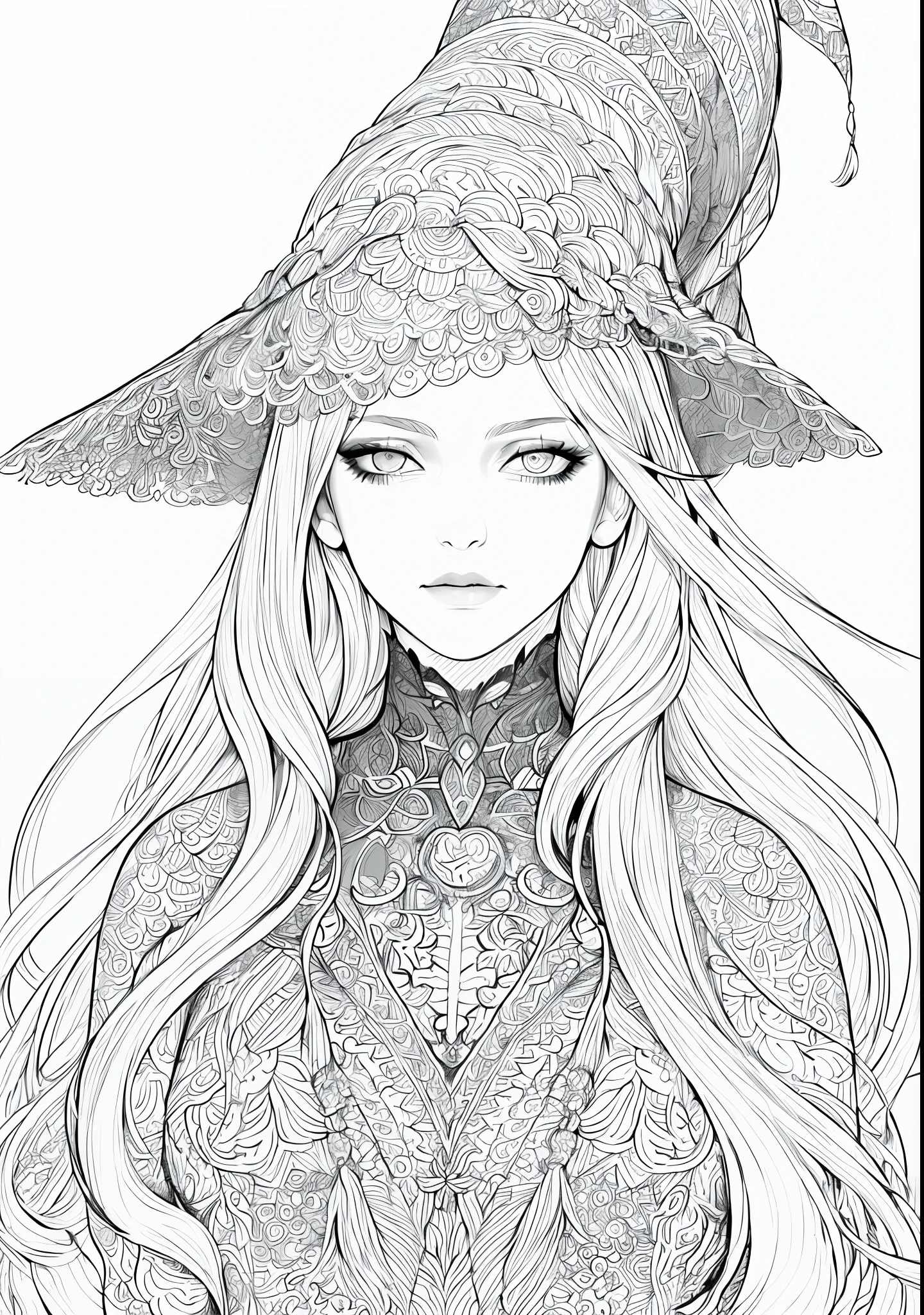 1girl (adult woman:1.2) witch (very_long_hair, white_hair:1.3) (portrait:1.3) yakuza, ganster (coloring book, masterpiece, realistic:1.3), (extremely intricate:1.2), (sketch, doodles, monochrome, lineart:1.2) (by WLOP:1.3)