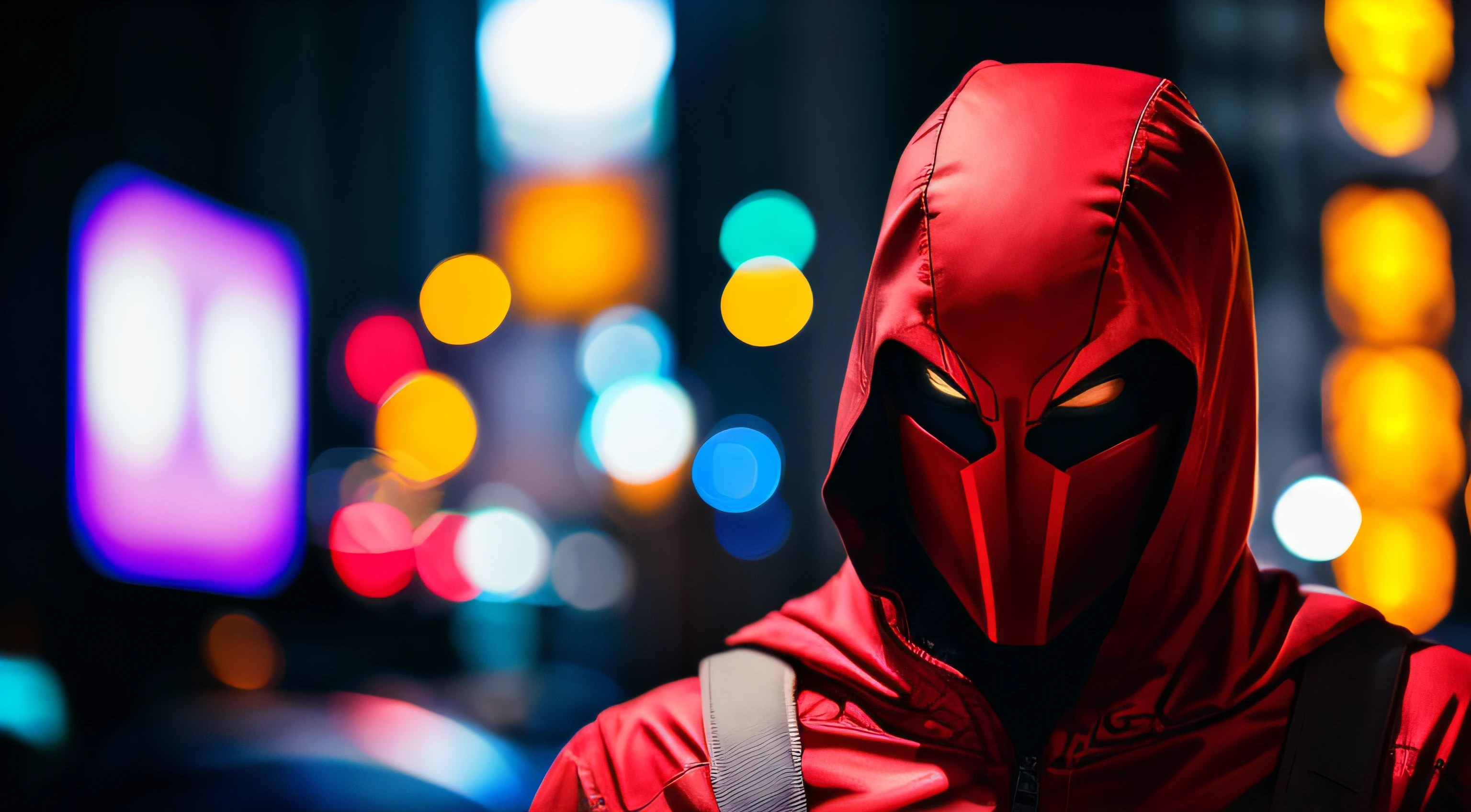 masterpiece, android with red hood, cyberpunk, luxurious, hyper-realistic, anatomical, facial muscles, cable electrical wires, microchip, noise, extra, real photo, psd, lamp film photography, sharp focus, contrast lighting, detailed skin, high resolution 8k, elegant detail, realistic, professional photography, 8k UHD, SLR camera, soft lighting, high quality, film grain, Fujifilm XT3, the camera is 5 meters away