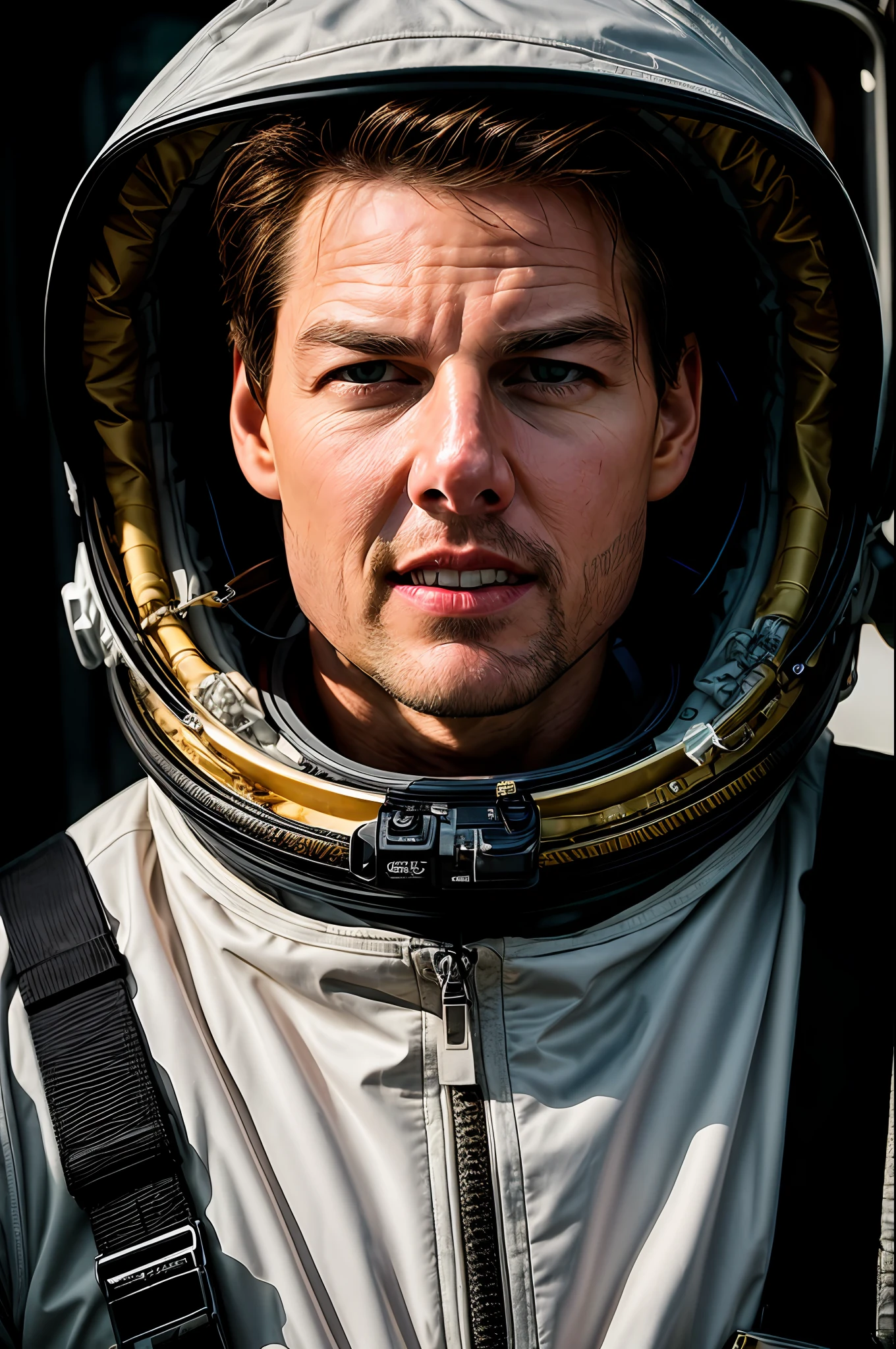 a further film of Tom Cruise as an astronaut with (a short style of hair cut buzzing), wearing astronaut suit, detailed face, (perfect detailed eyes), (highly detailed skin: 1.1), (with a shocked facial expression), perfect slim body, professional photography, soft lighting, photorealistic, realistic, posing for a photo next to a rocket, RAW,, sharp focus,  8k, high resolution, DSLR, high quality, Fujifilm XT3, grain film, award-winning, masterpiece