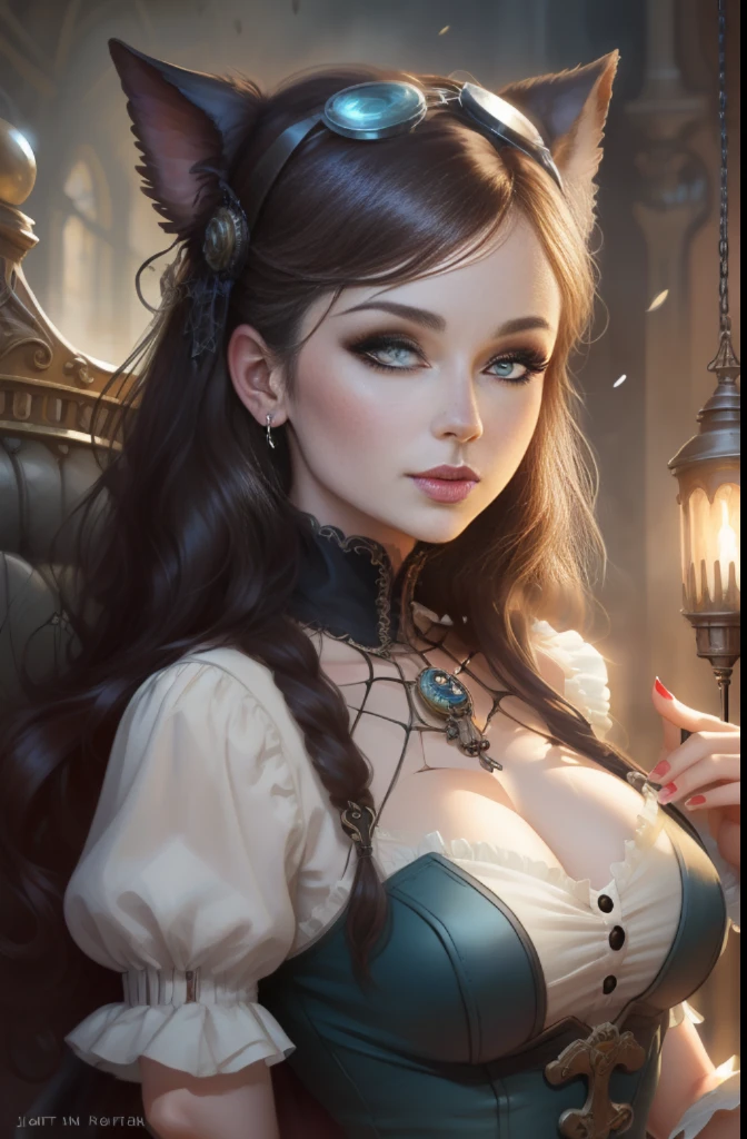 art by Ralph Horsley and mandy disher steampunk half Body Lady with Bones, spiderweb, skull, gemstone watercolor painting, Jean-Baptiste Monge style, bright, beautiful in spring, splash, big perfect eyes, rim lighting, lights, magic, fantasy, digital art, wlop, artgerm and james jean