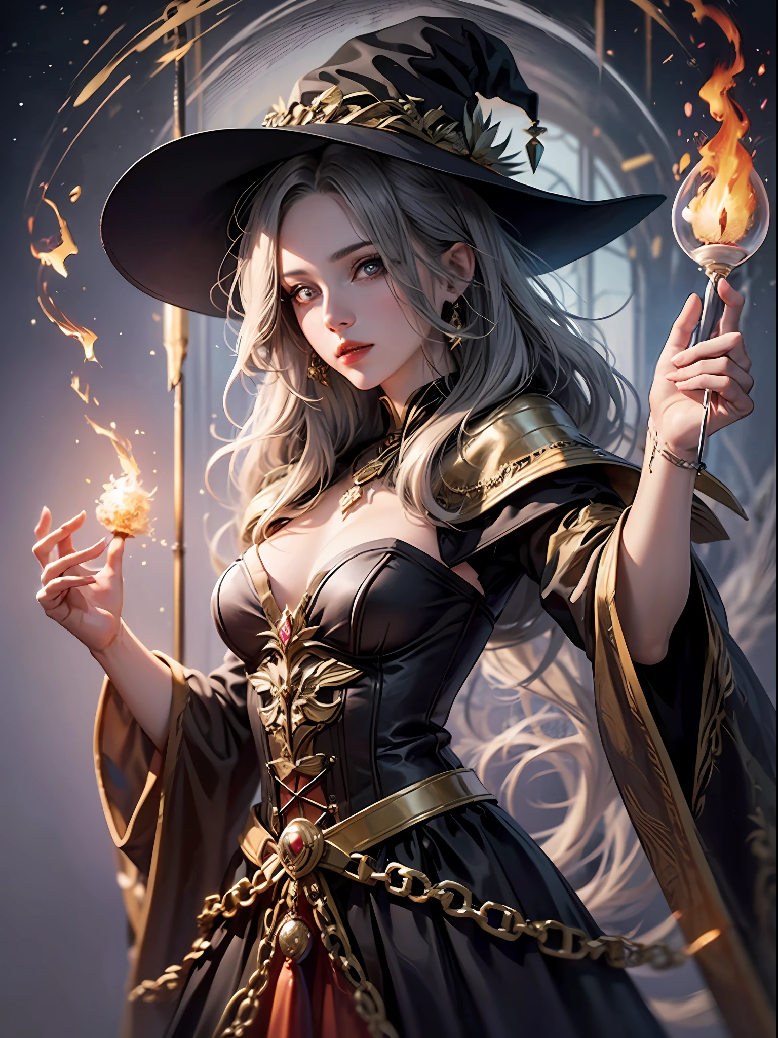 Dressed in a witch costume holding a bright wand, female mage conjuring a spell, dark fantasy female mage, female sorceress portrait, beautiful female sorceress, female mage, female fire mage, fire mage character