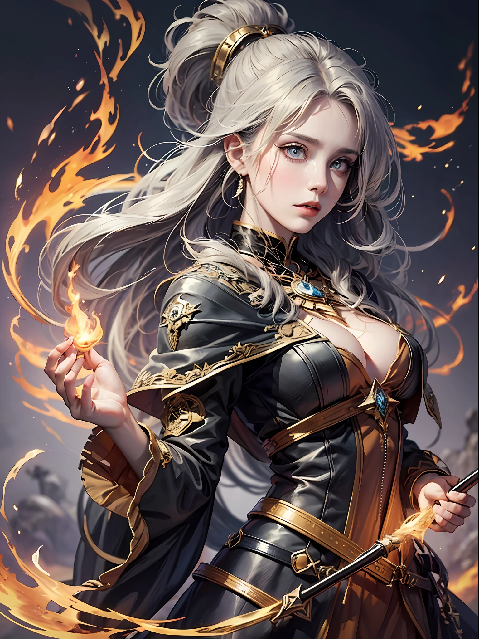Dressed in a witch costume holding a bright wand, female mage conjuring a spell, dark fantasy female mage, female sorceress portrait, beautiful female sorceress, female mage, female fire mage, fire mage character