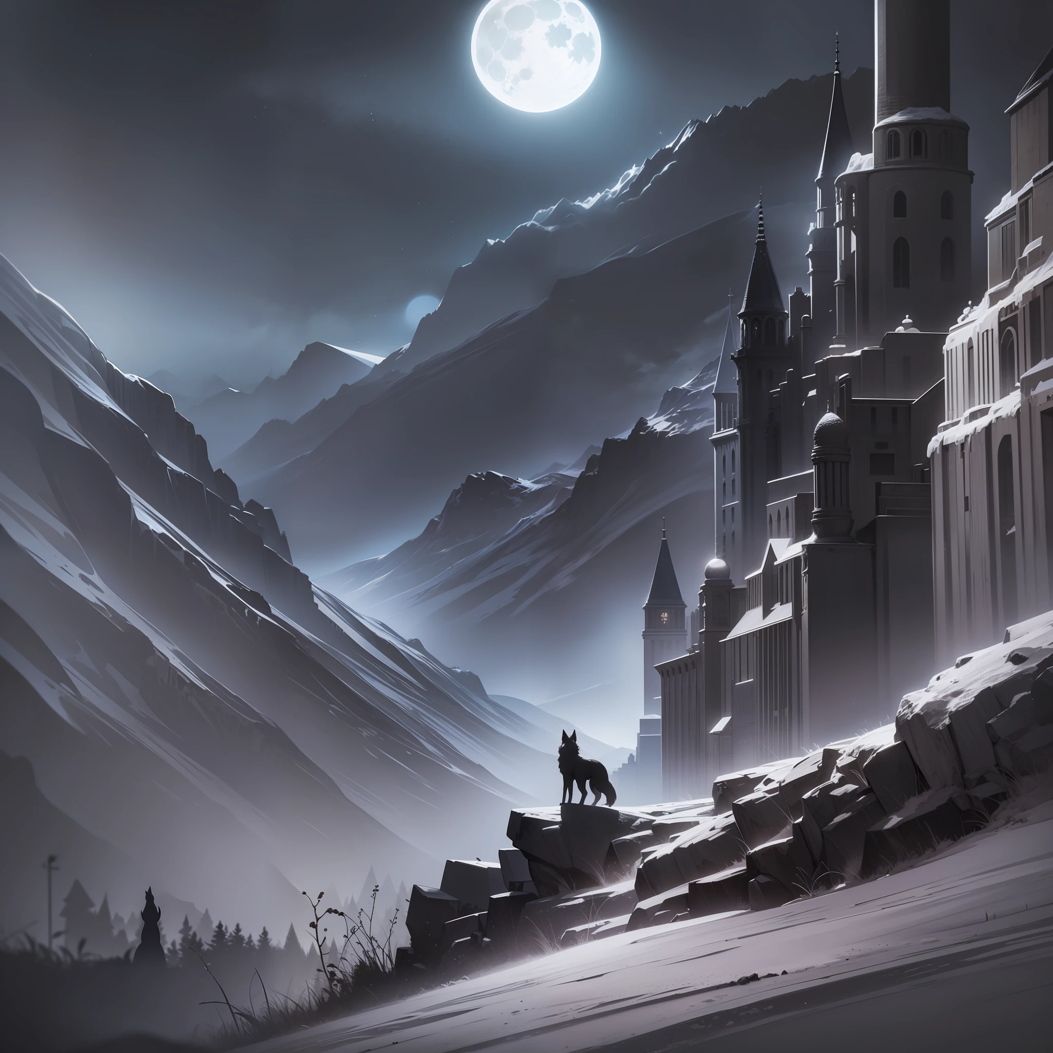 Gothic darkness, there is a wolf standing on a high cliff, bats flying around, wolves howling at full moon, wolves howling at the moon, full moon background, howling to the moon, wolf for black silhouette, night background, moonlight background, beautiful moonlight night, moonlight background, night forest background, 3 0, night, night scene, night scene, moonlight night sky, dark sky, storm sweeping, night sky background, epic composition, super detail, dark style, low saturation, low exposure
