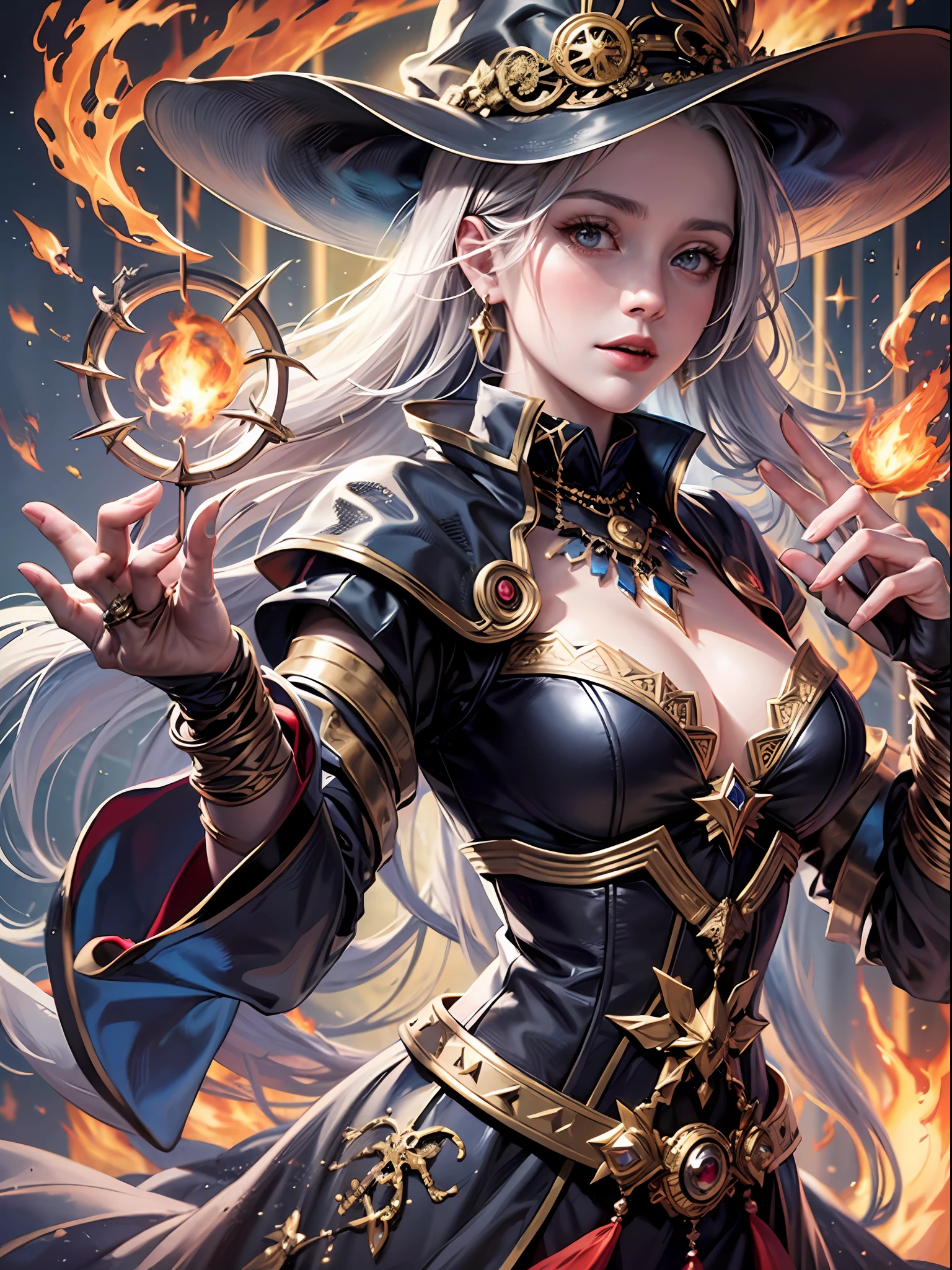 Masterpiece, detailed details, 1 girl, dynamic angle, holding bright wand in witch costume, female mage summoning spell, dark fantasy female mage, witch portrait, beautiful witch, female mage, female fire mage, fire mage character