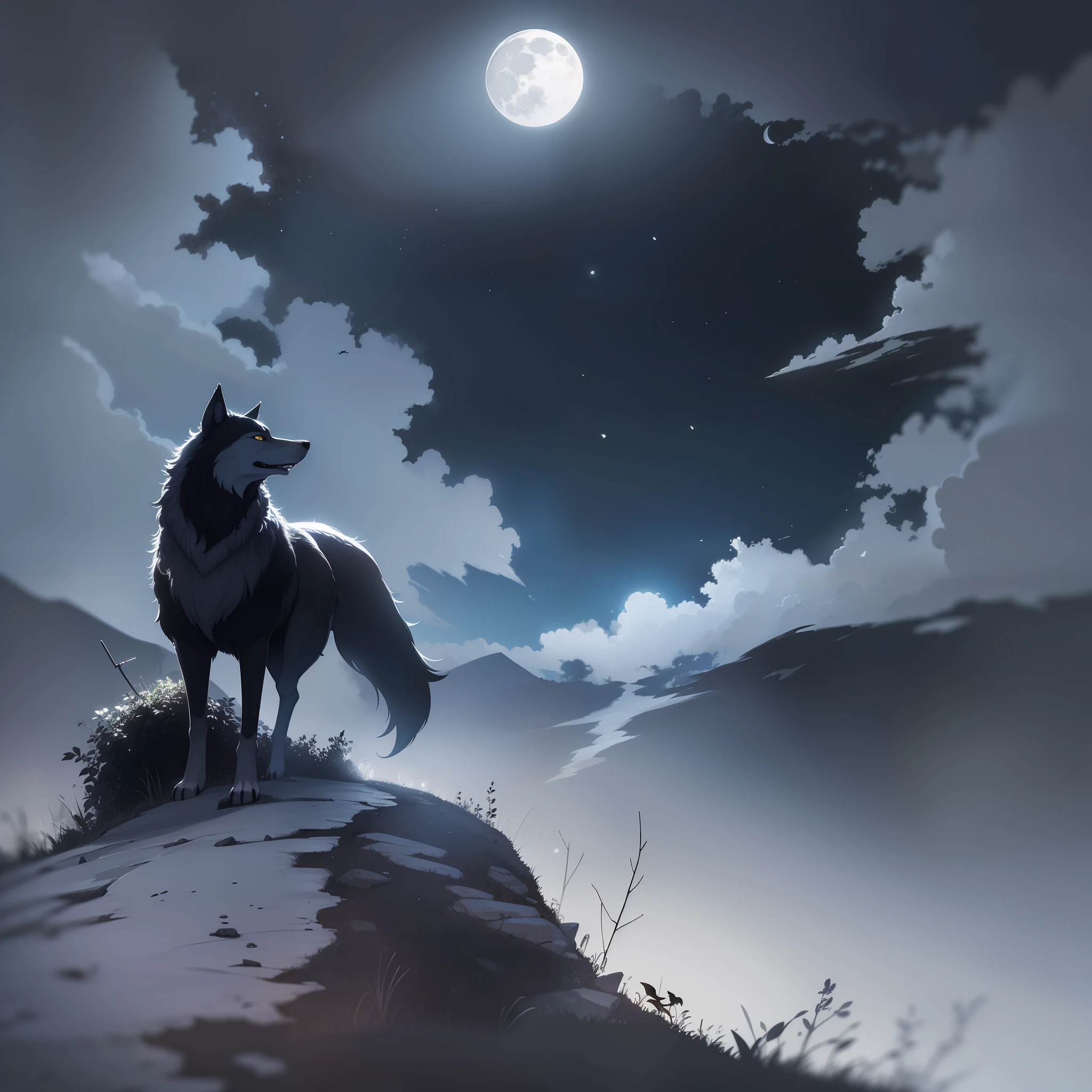 Gothic darkness, there is a wolf standing on a high cliff, bats flying around, wolves howling at full moon, wolves howling at the moon, full moon background, howling to the moon, wolf for black silhouette, night background, moonlight background, beautiful moonlight night, moonlight background, night forest background, 3 0, night, night scene, night scene, moonlight night sky, dark sky, storm sweeping, night sky background, epic composition, super detail, dark style, low saturation, low exposure