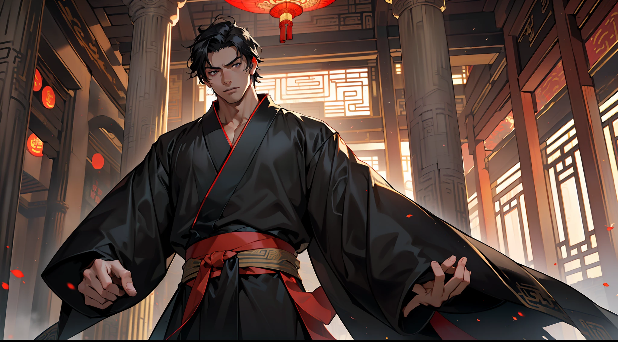 1, (1 person) ( (((1boy))),(((aboy))).(((Black coat))),((Black Hanfu youth)),((black clothes)) , (((Black hair))), kingly air, gorgeous, handsome, outstanding temperamen, tone is ostentatious, with a schadenfreude expression) (background: sacred, resplendent palace hall in ancient China).