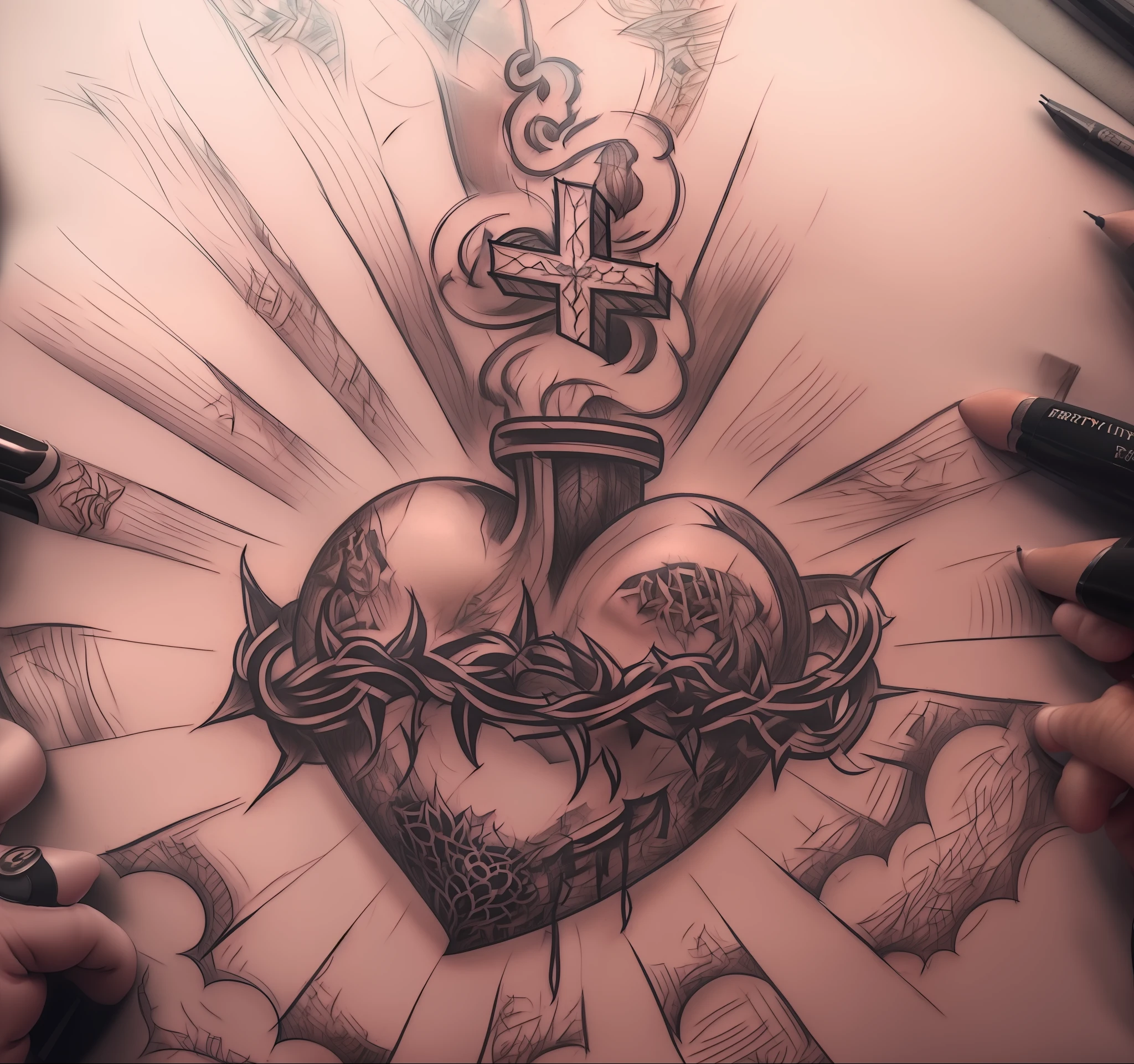 a drawing of a heart with a crown of thorns and a cross, tattoo design, tattoo design sketch, concept tattoo design, tattoo sketch, realism tattoo drawing, 3 d design for tattoo, realism tattoo sketch, ✏️🎨, by Rodney Joseph Burn, added detail, realism tattoo design, tattoo sketches, highly detailed sketch, sketch tattoo, by Byron Galvez