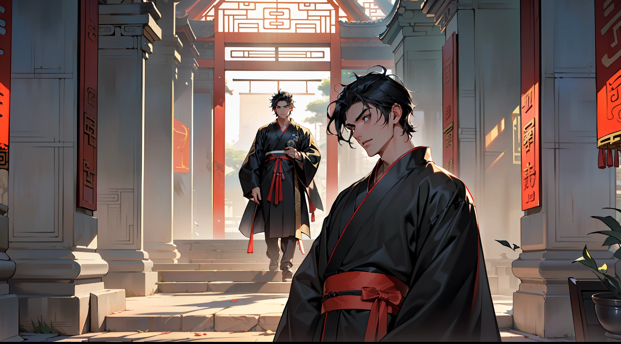 1, (1 person) ( (((1boy))),(((aboy))).(((Black coat))),((Black Hanfu youth)),((black clothes)) , (((Black hair))), kingly air, gorgeous, handsome, outstanding temperamen, tone is ostentatious, with a schadenfreude expression) (background: sacred, resplendent palace hall in ancient China).