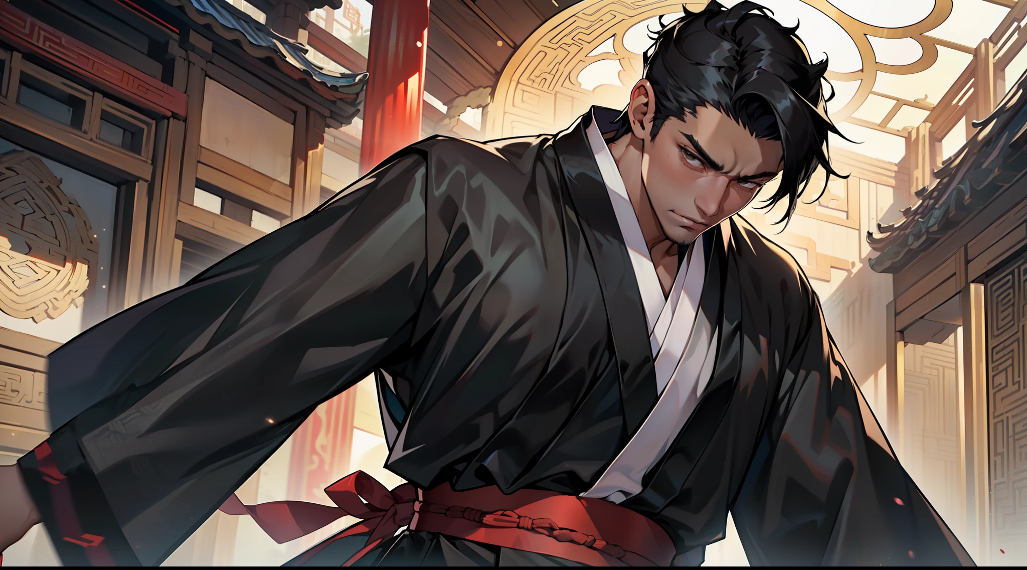 1, (1 person) ( (((1boy))),(((aboy))).(((Black coat))),((Black Hanfu youth)),((black clothes)) , (((Black hair))), kingly air, gorgeous, handsome, outstanding temperamen, tone is ostentatious, with a schadenfreude expression) (background: sacred, resplendent palace hall in ancient China).