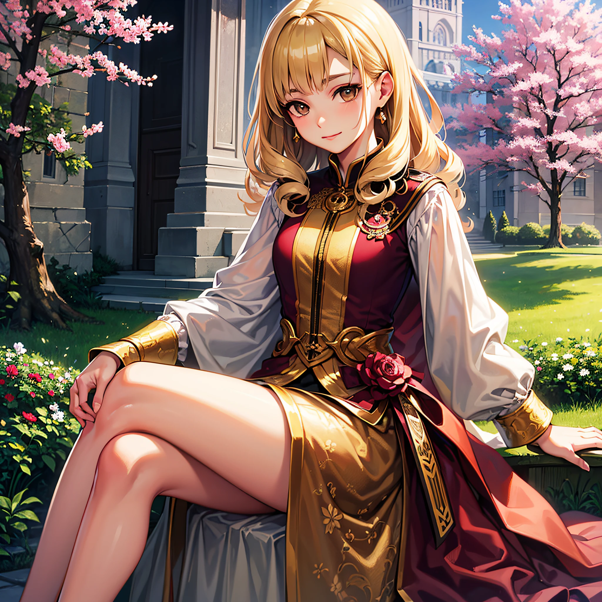 princess with blonde curly hair, with a flushed face, sparkling brown eyes, silk clothes, sitting in a flowering garden in the background of a magical castle, high quality image, realistic