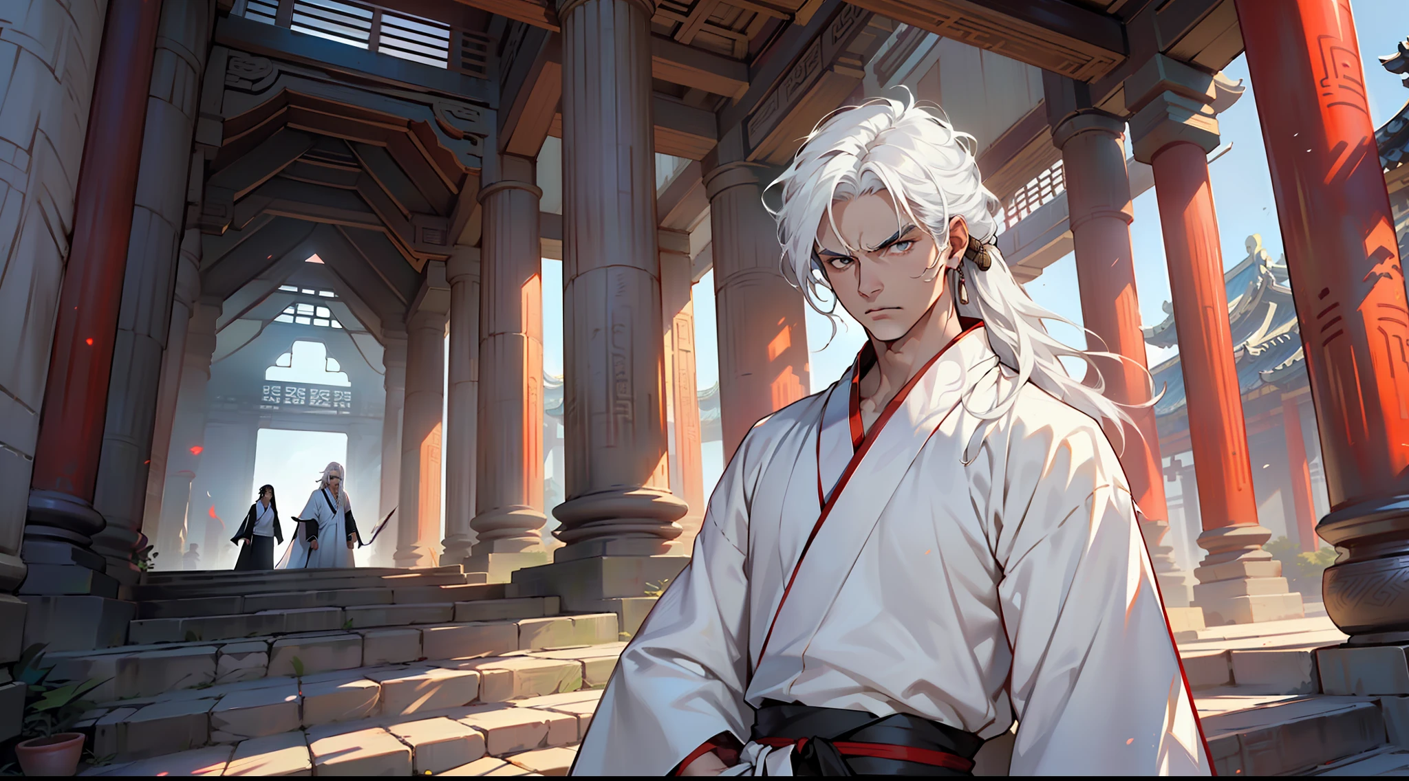 2, (1 person) ((((white hair))),(((aboy))).((white Hanfu youth)), (((white hair)))(((white clothes))), (((Long white hair))), kingly air, gorgeous, handsome, outstanding temperamen, depressed, angry) (background: sacred, resplendent palace hall in ancient China).